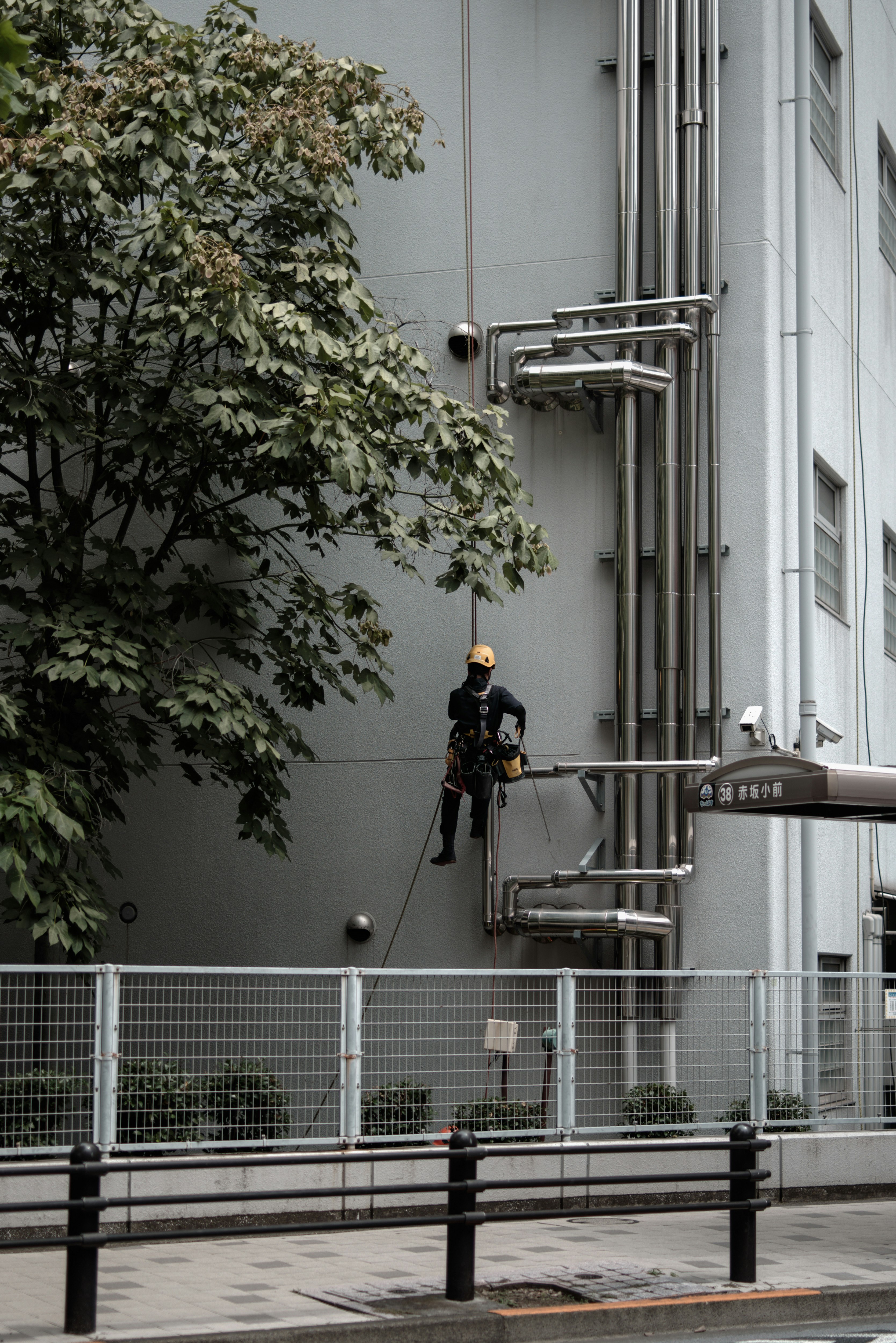 壁面の配管設備とロープ作業の検査風景