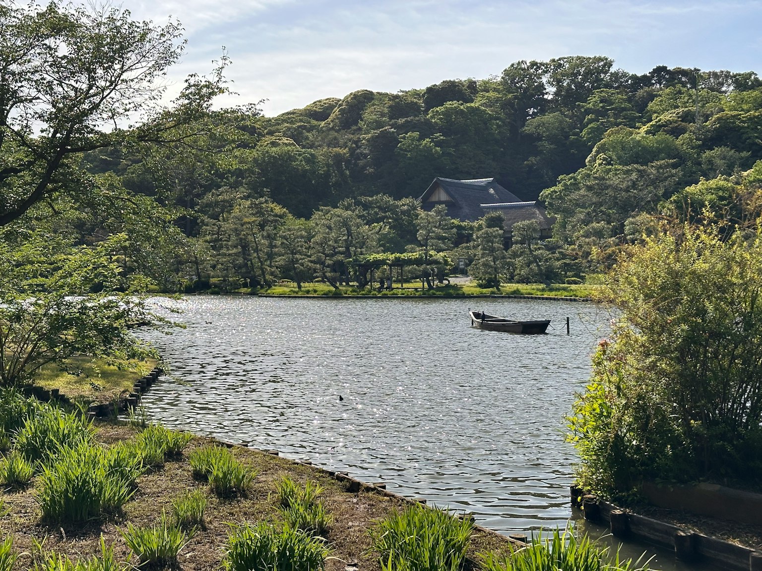 고요한 호수와 작은 보트 및 울창한 숲
