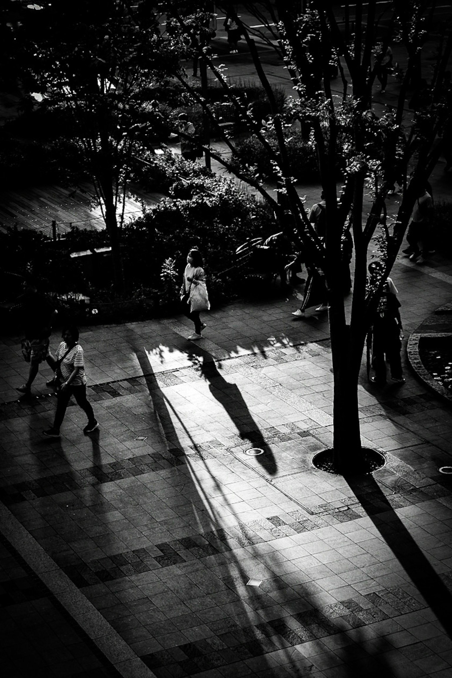 Black and white urban scene with pedestrians and shadows