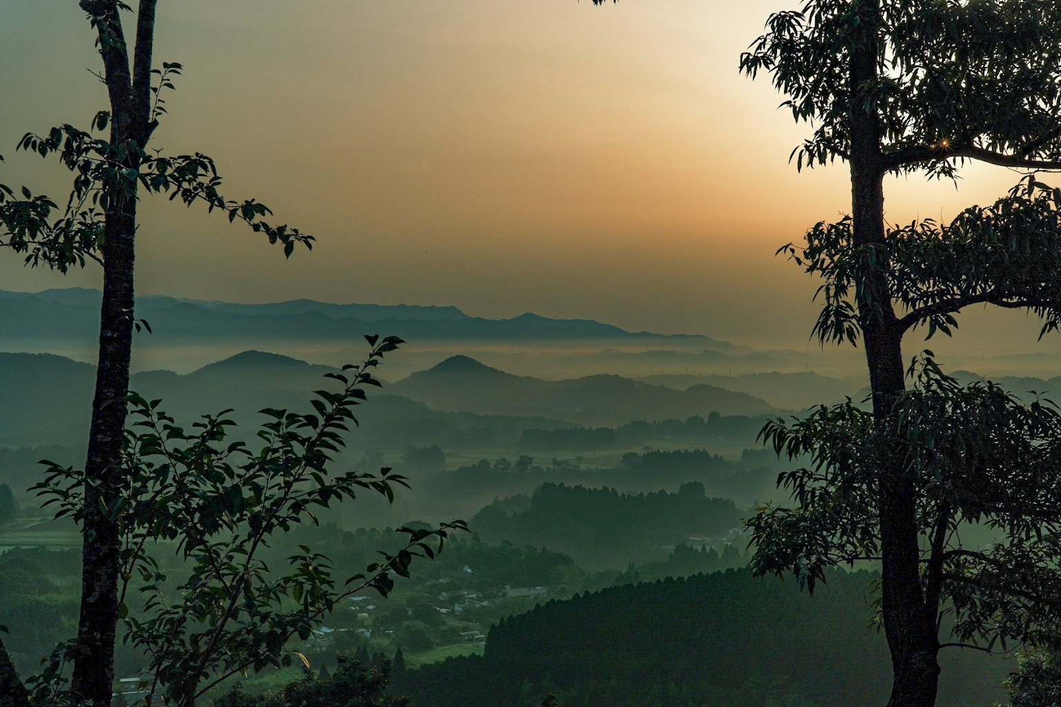 Paysage matinal avec montagnes et brume