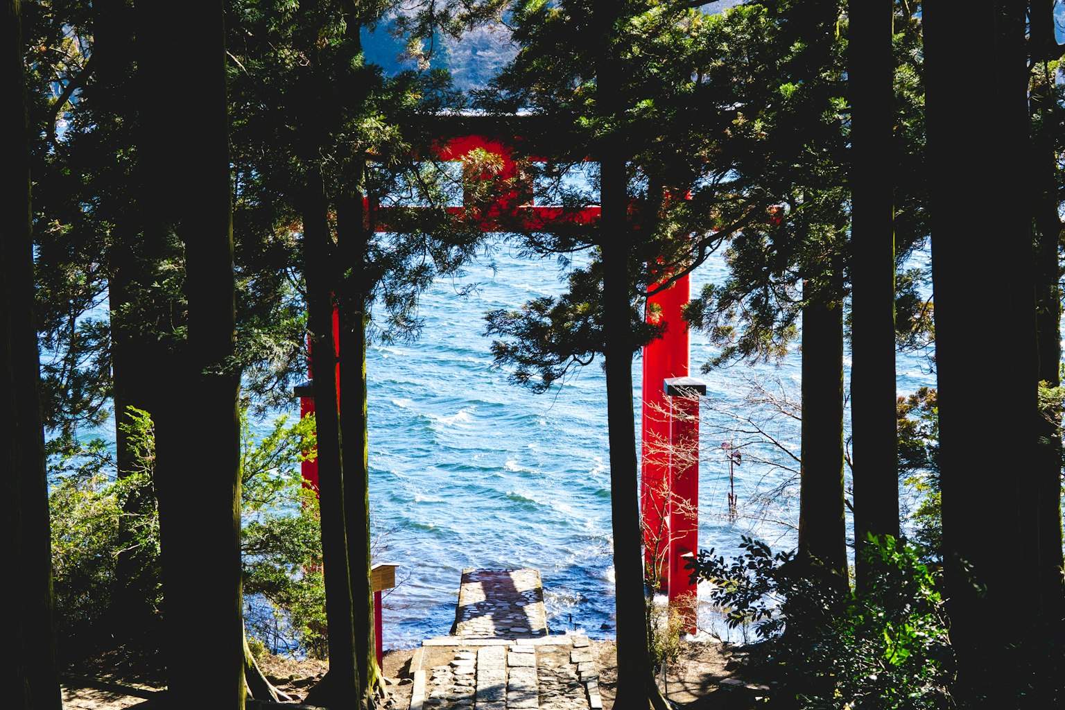 Eine malerische Sicht auf ein rotes Torii am blauen See umgeben von Bäumen