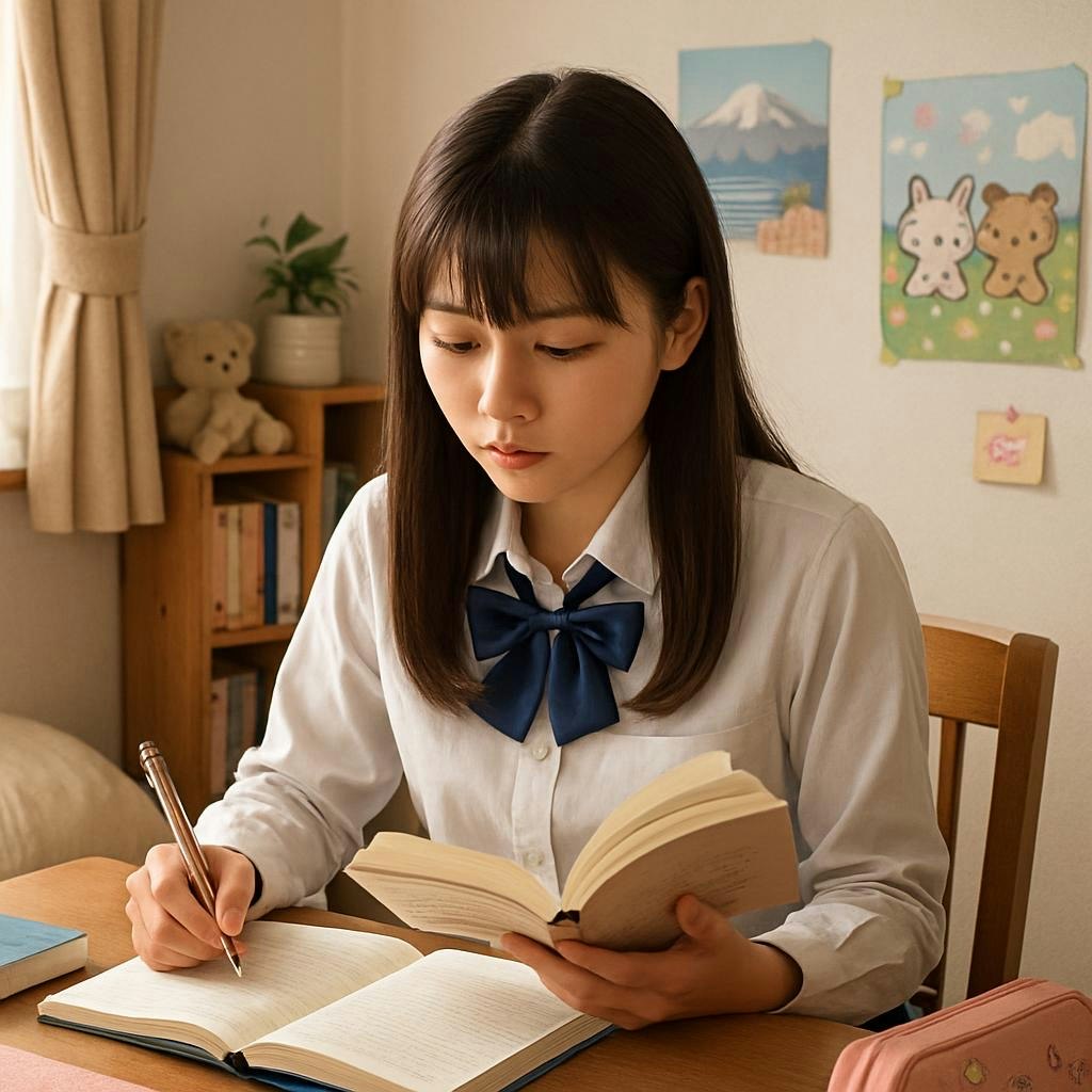 自室で勉強する制服姿の少女の読書と筆記
