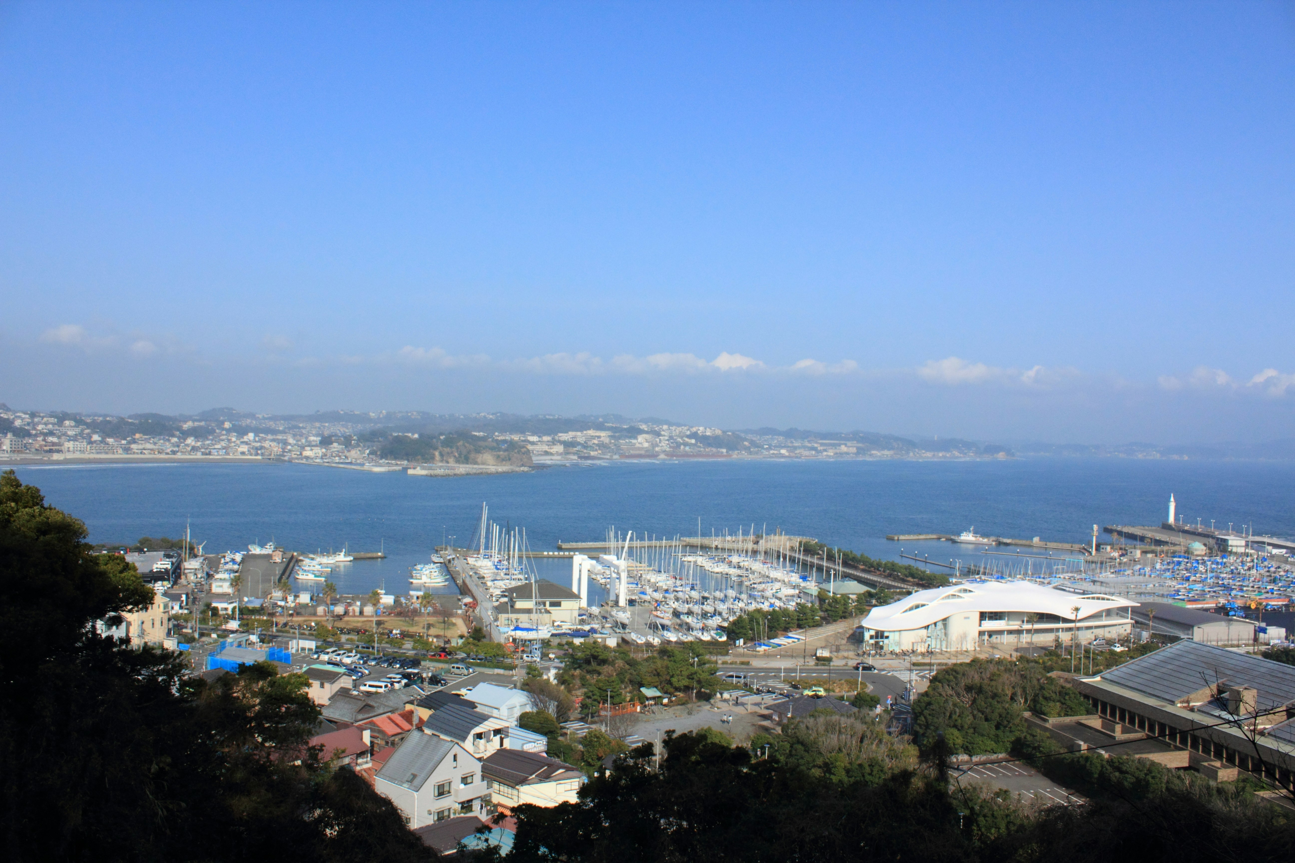 coastal harbor view with yachts and docks