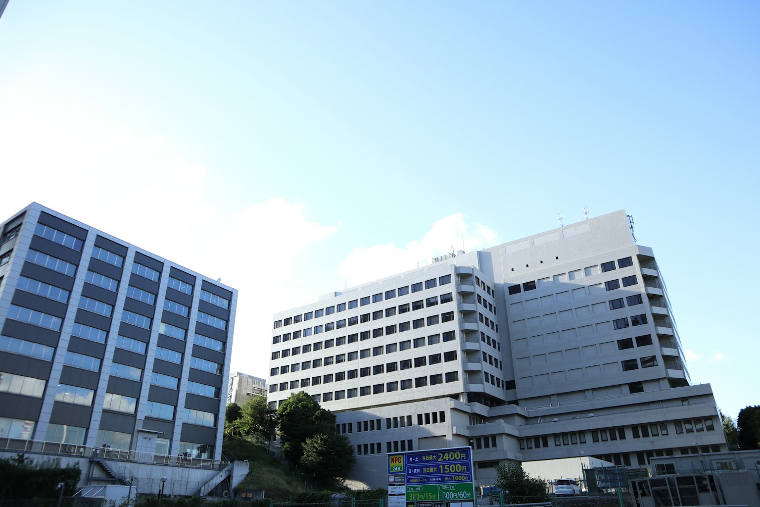 맑은 파란 하늘 아래 현대적인 건물들