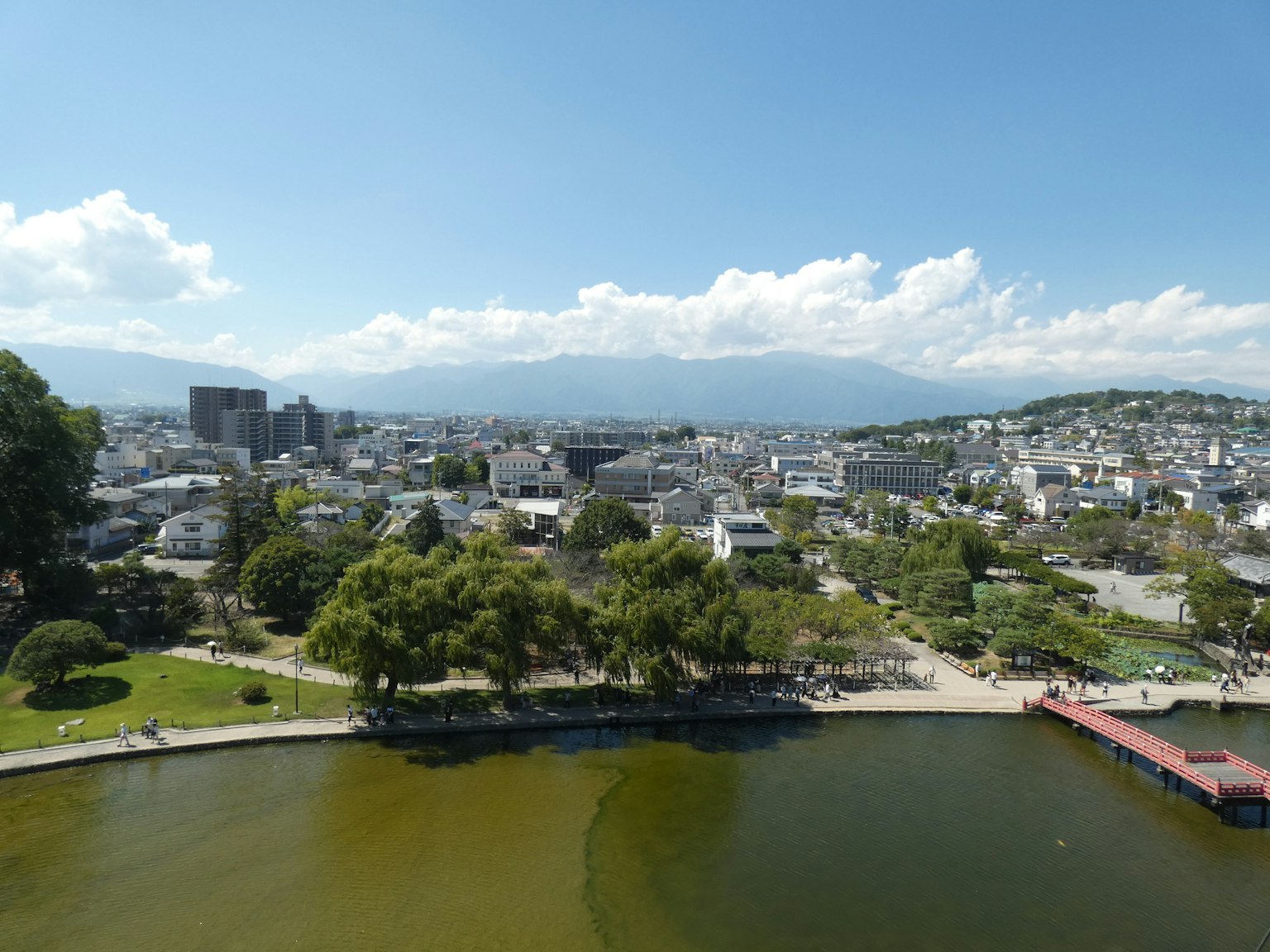 Vista escénica de una ciudad con un lago y cielo azul