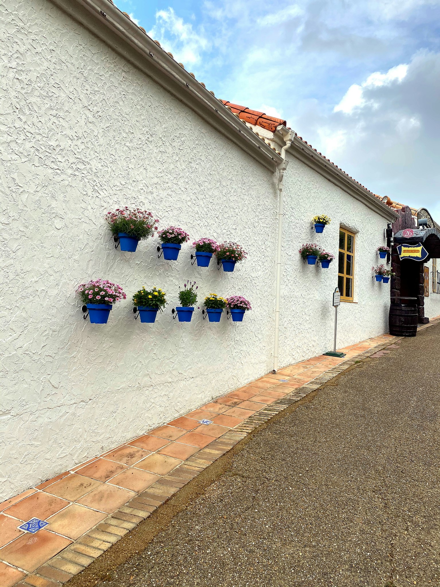 Eine weiße Wand geschmückt mit blauen Blumentöpfen