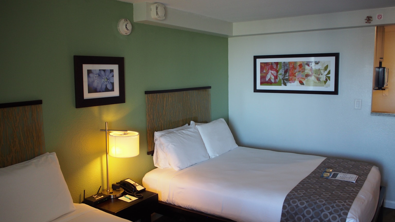A cozy hotel room featuring two beds and a green wall