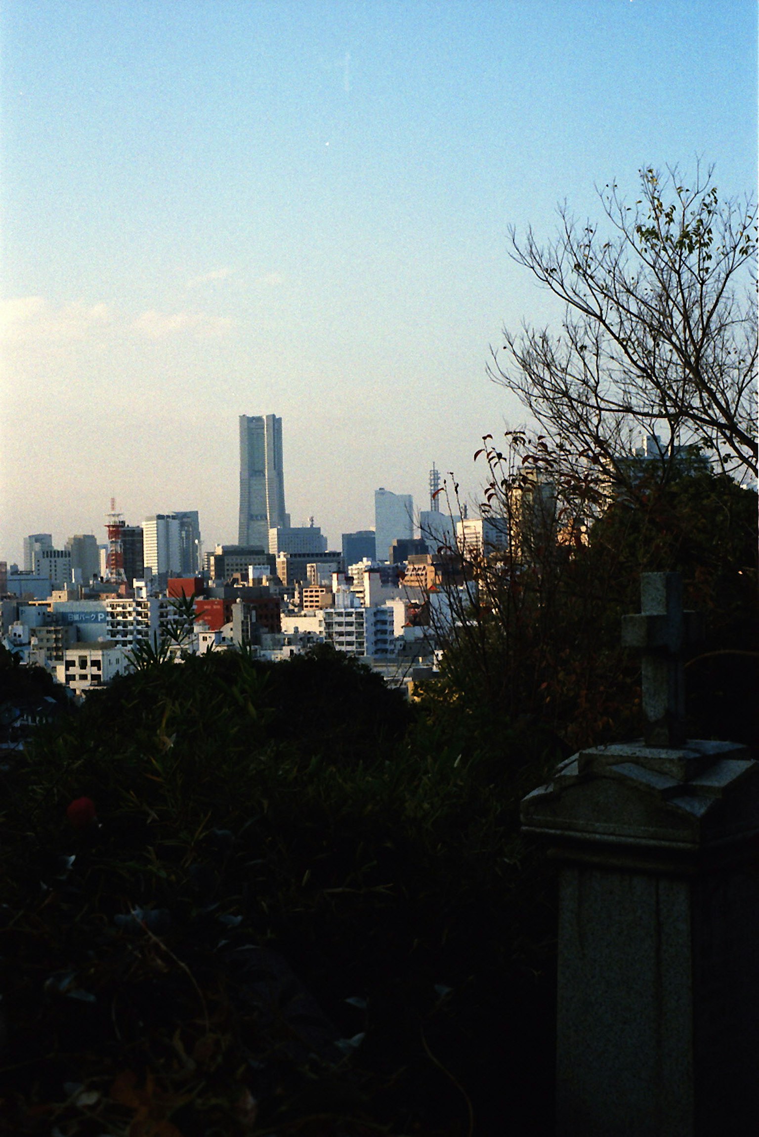 Paisaje urbano de Tokio con edificios y árboles en primer plano