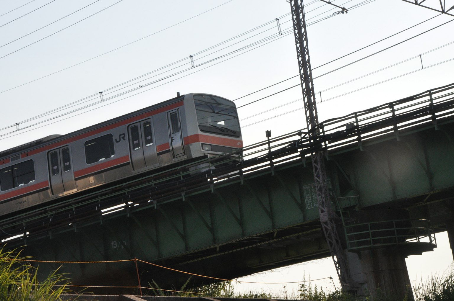Treno che attraversa un ponte ferroviario con paesaggio circostante