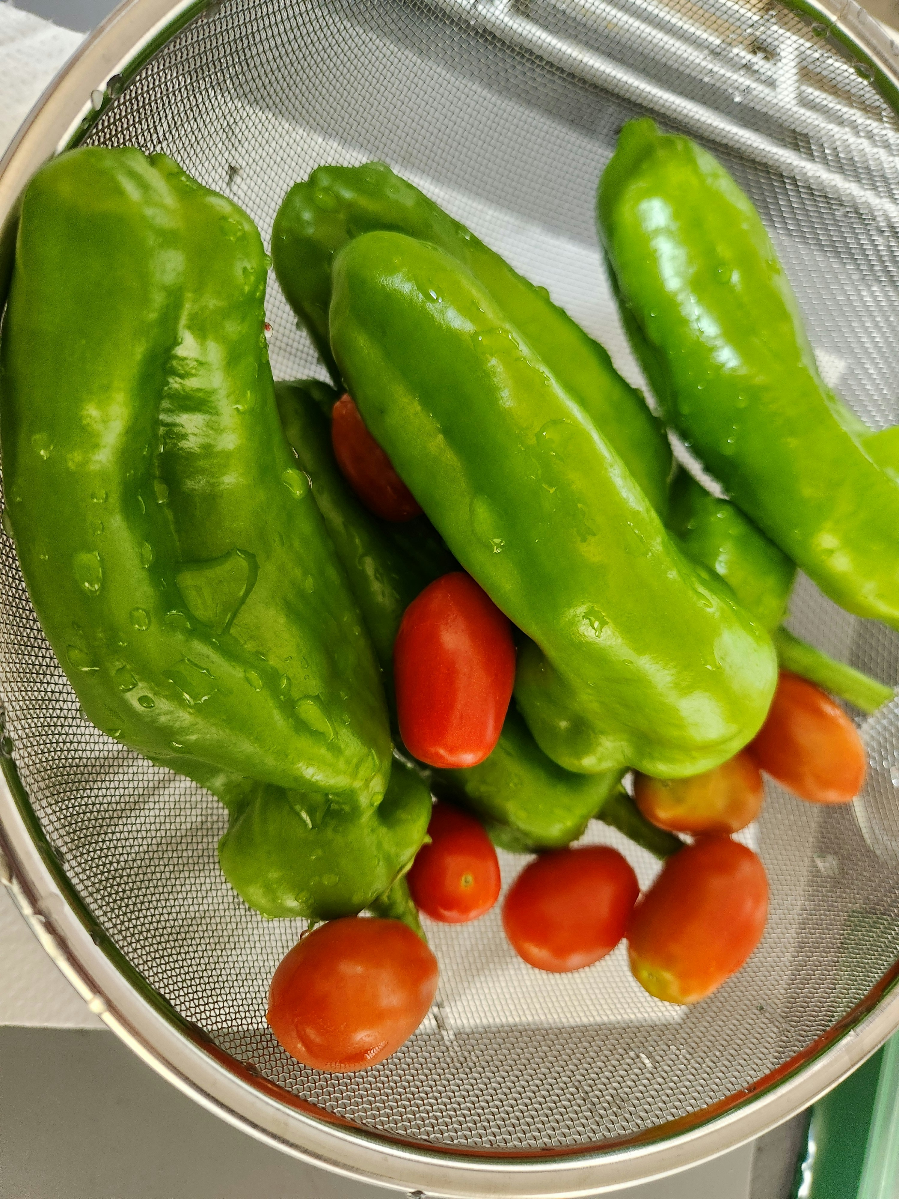 網かごに並ぶ緑と赤のピーマン