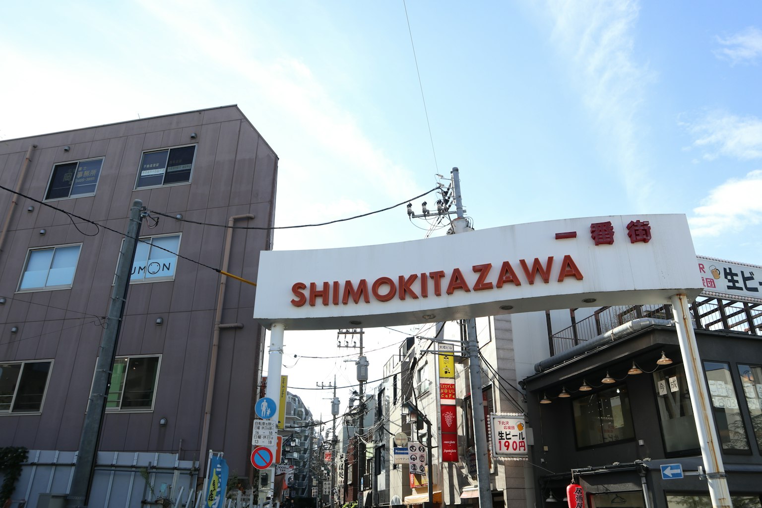 Entrance sign of Shimokitazawa shopping street with surrounding buildings
