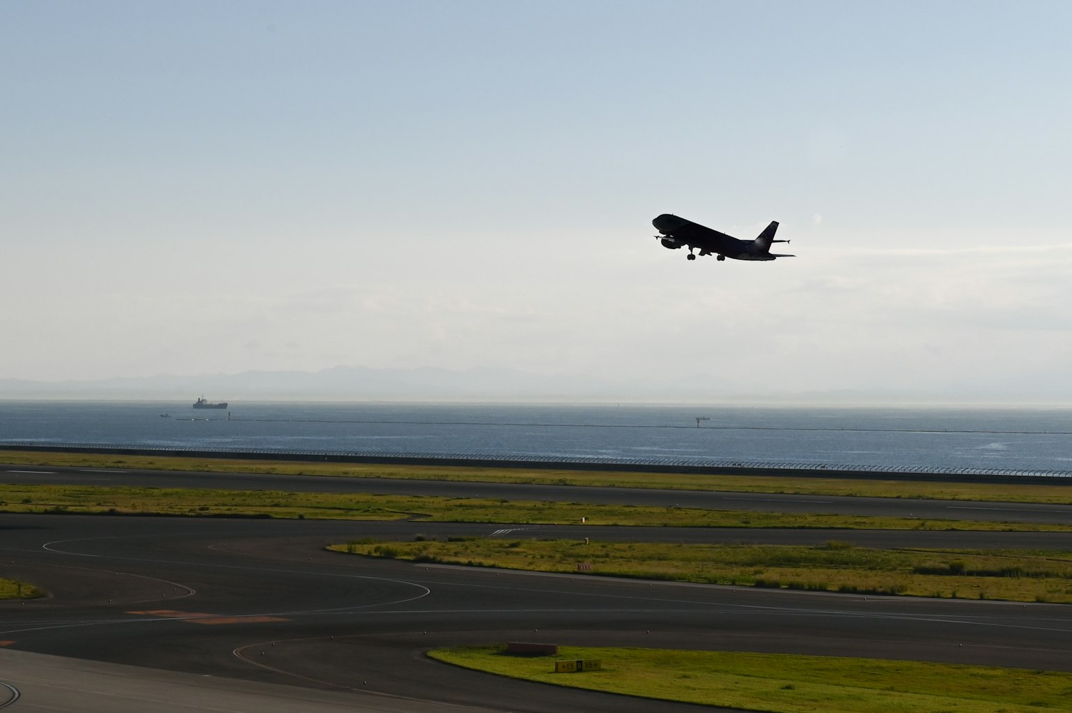Silueta de un avión despegando hacia el mar cielo despejado y pista de hierba