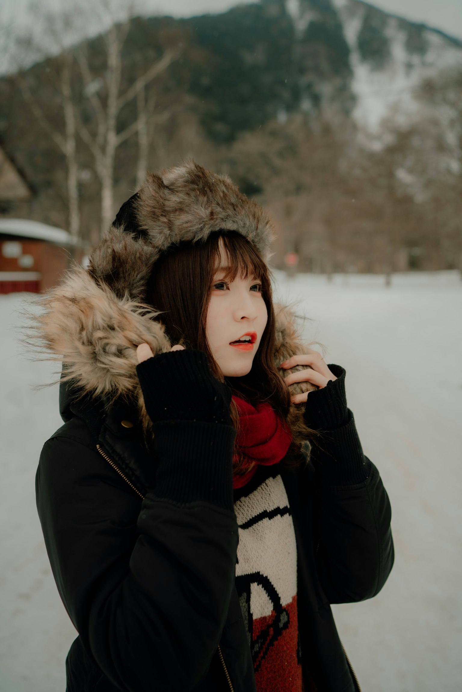 A woman wearing a fur-lined hood in the snow posing for the camera