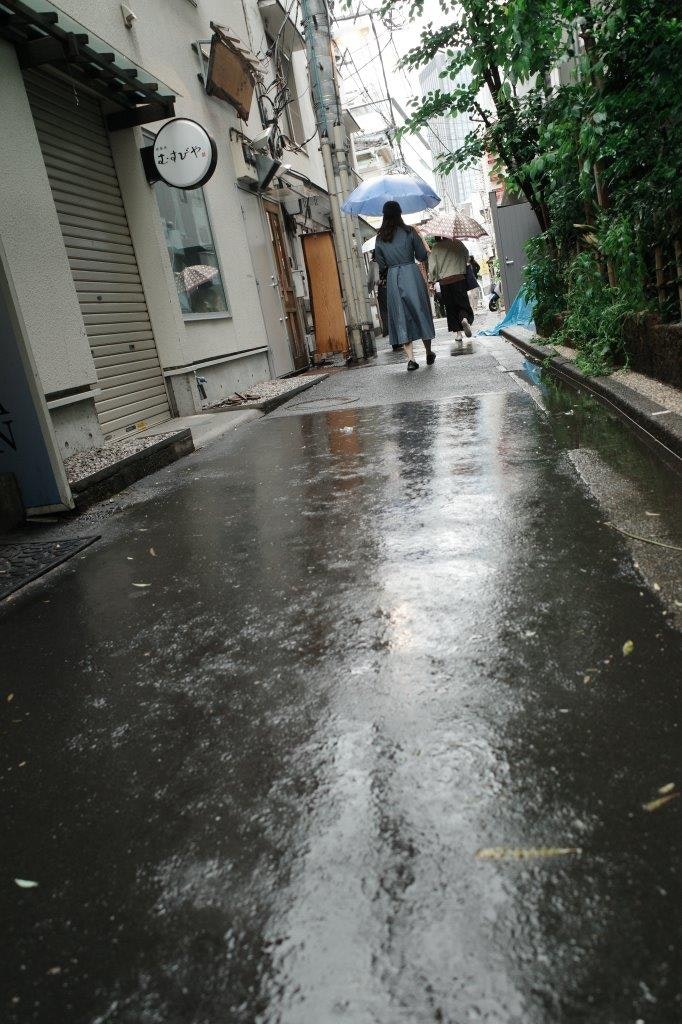 雨后湿漉漉的小巷里行走的人们与湿润石板路