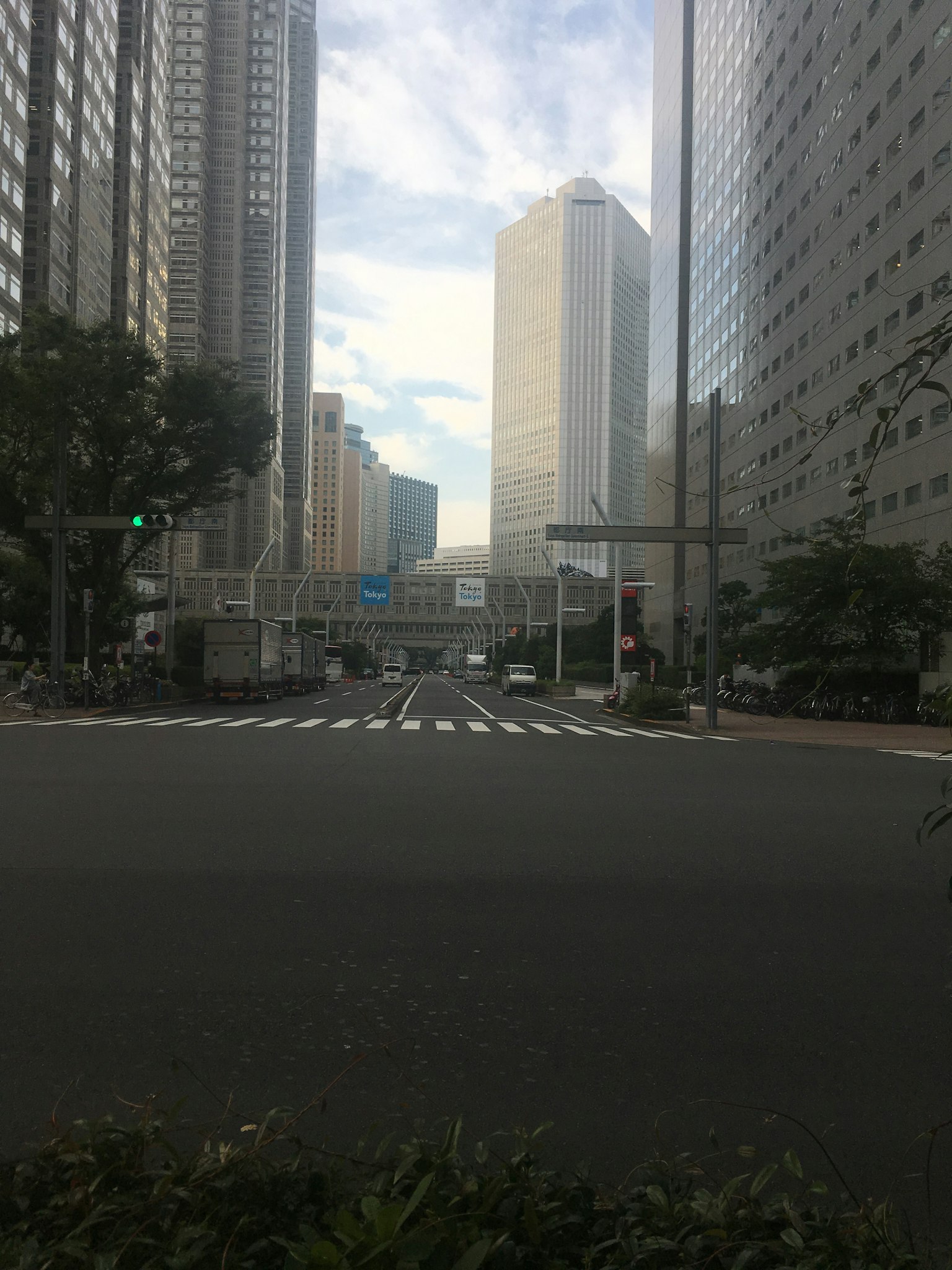 城市景观，高楼大厦在交叉口可见，设有交通信号灯