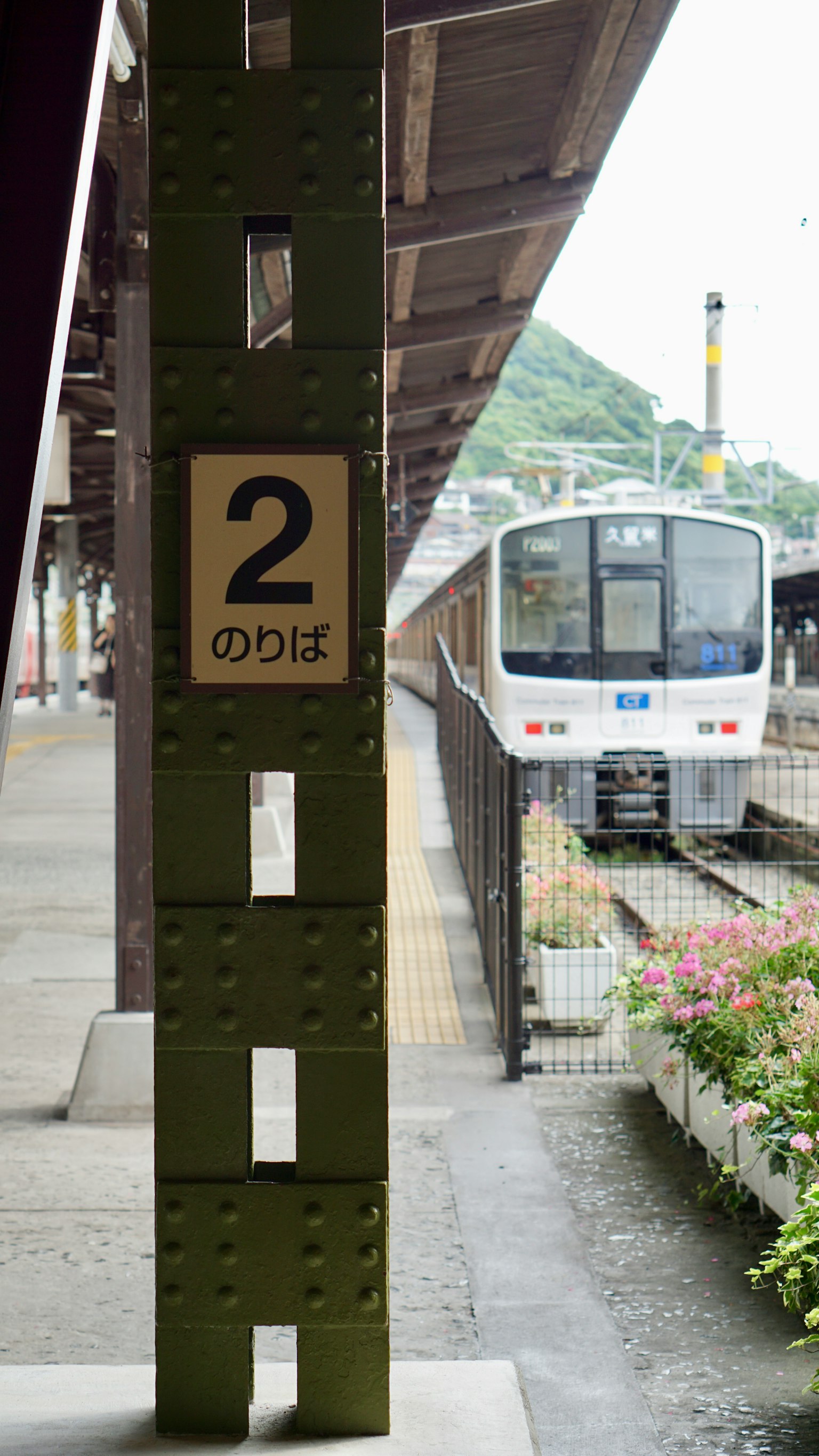 Platform sign number 2 with a train at the station