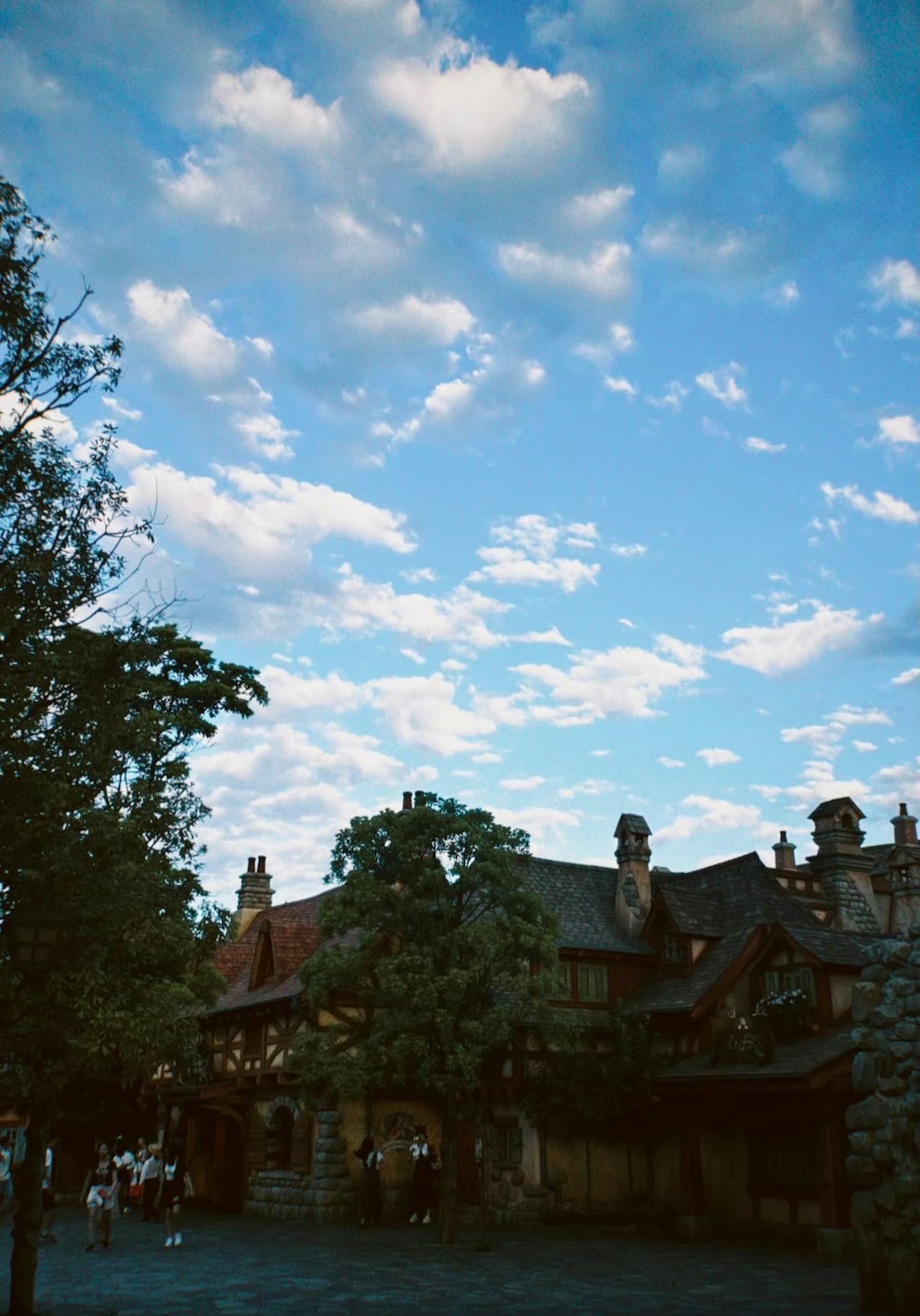 Historisches Gebäude umgeben von Bäumen unter einem hellblauen Himmel mit flauschigen Wolken