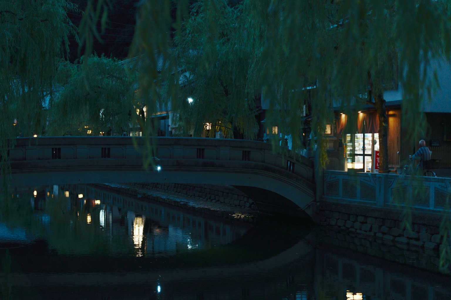 Pemandangan malam dengan pohon willow yang terpantul di air dan jembatan