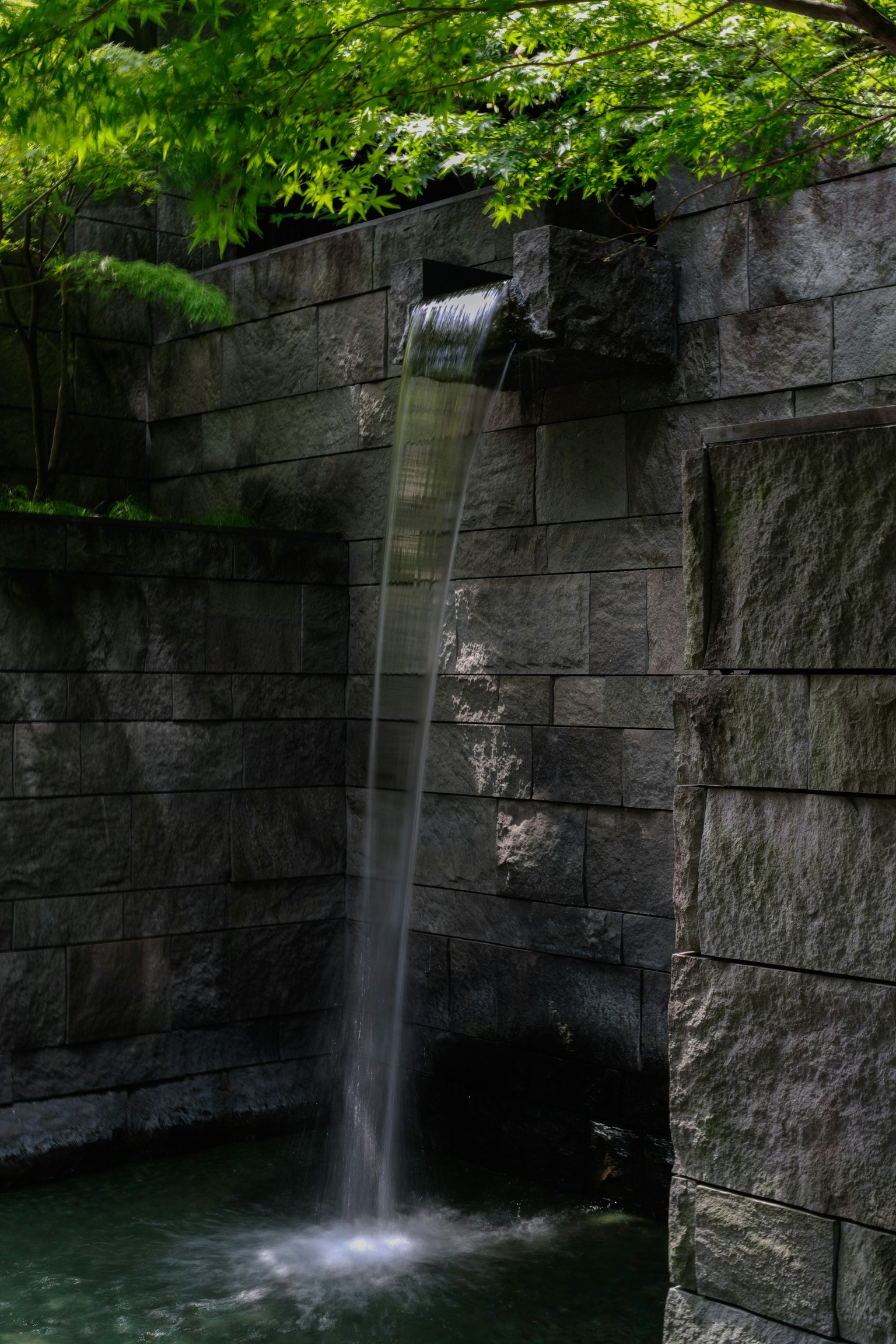 Cascata che scende da un muro di pietra circondato da vegetazione lussureggiante