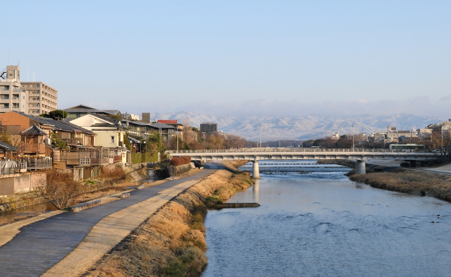 Scenic view of a river and bridge with residential area