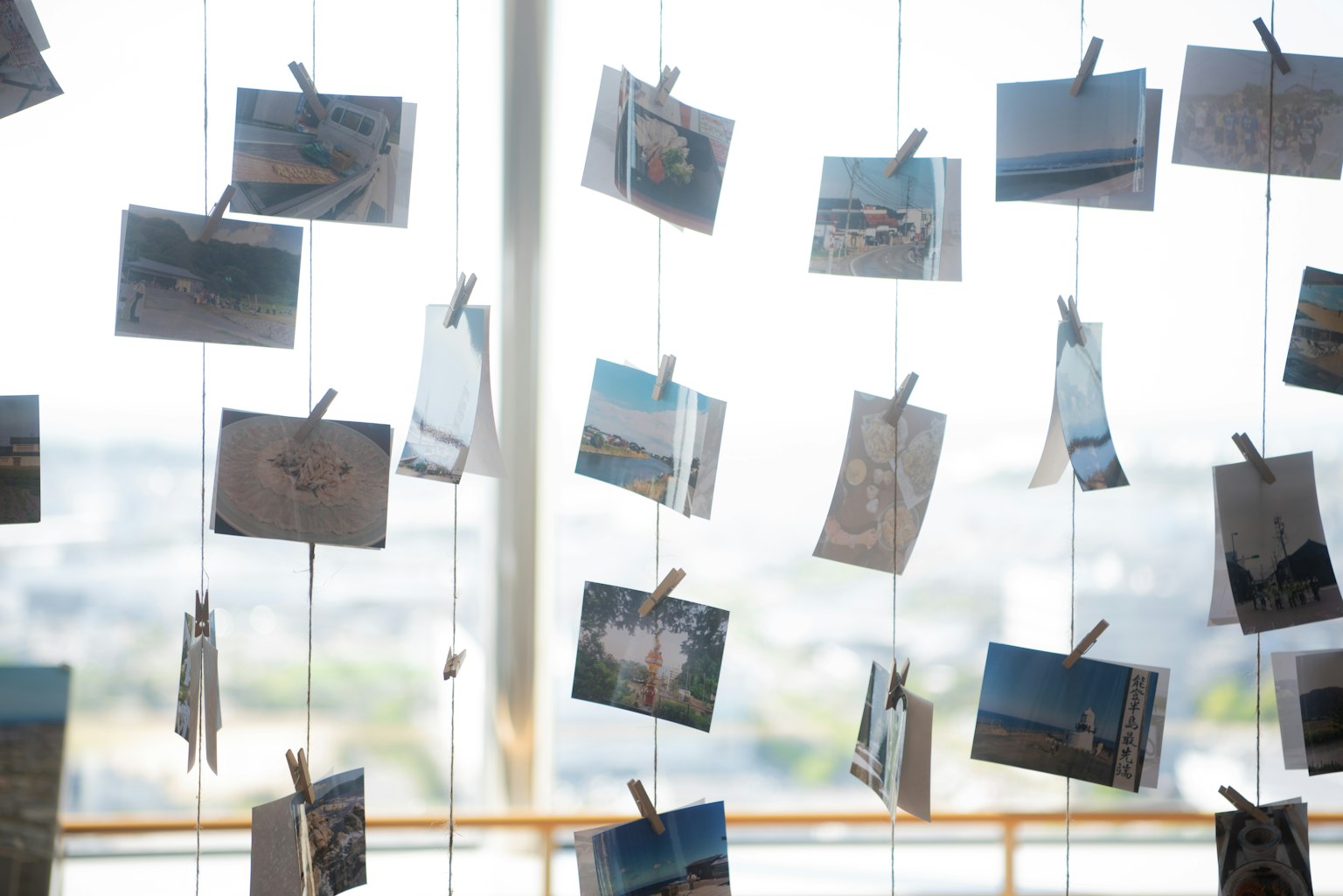 Eine Sammlung von Fotos, die in der Nähe eines Fensters hängen