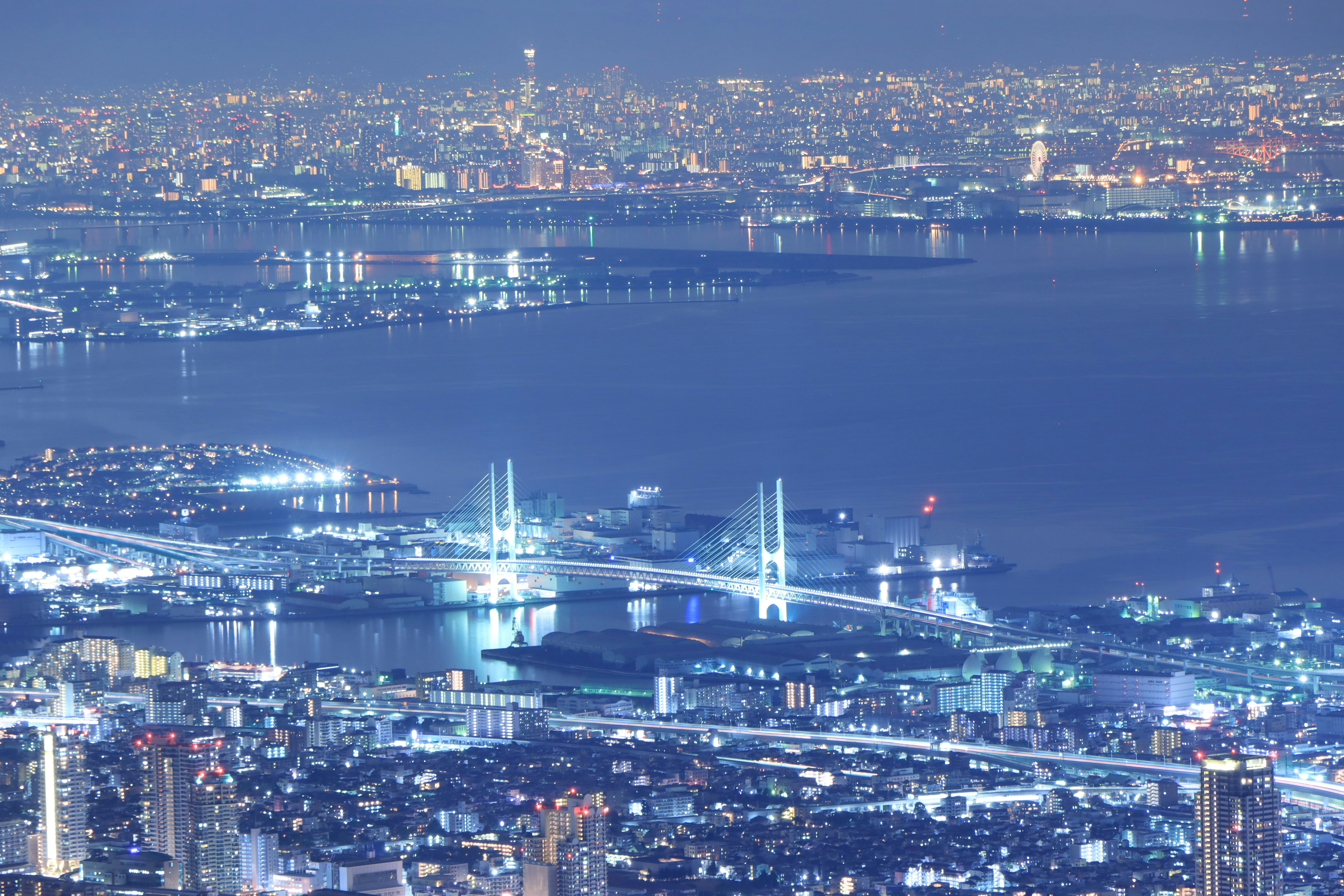 海上大桥与港口的夜景