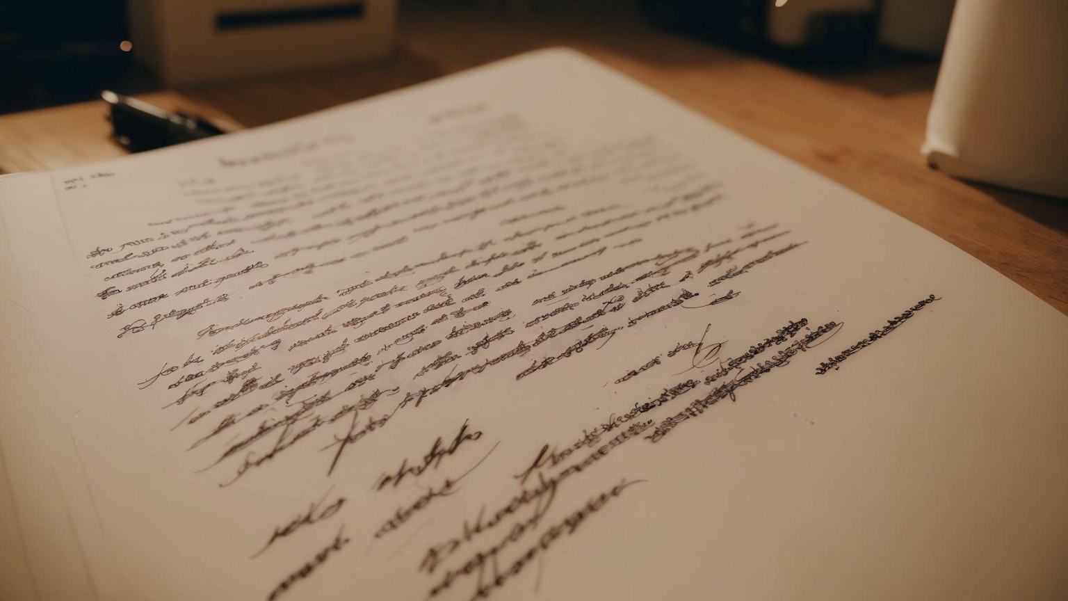 Una lettera scritta a mano posata su una scrivania con scritte in inchiostro blu visibili