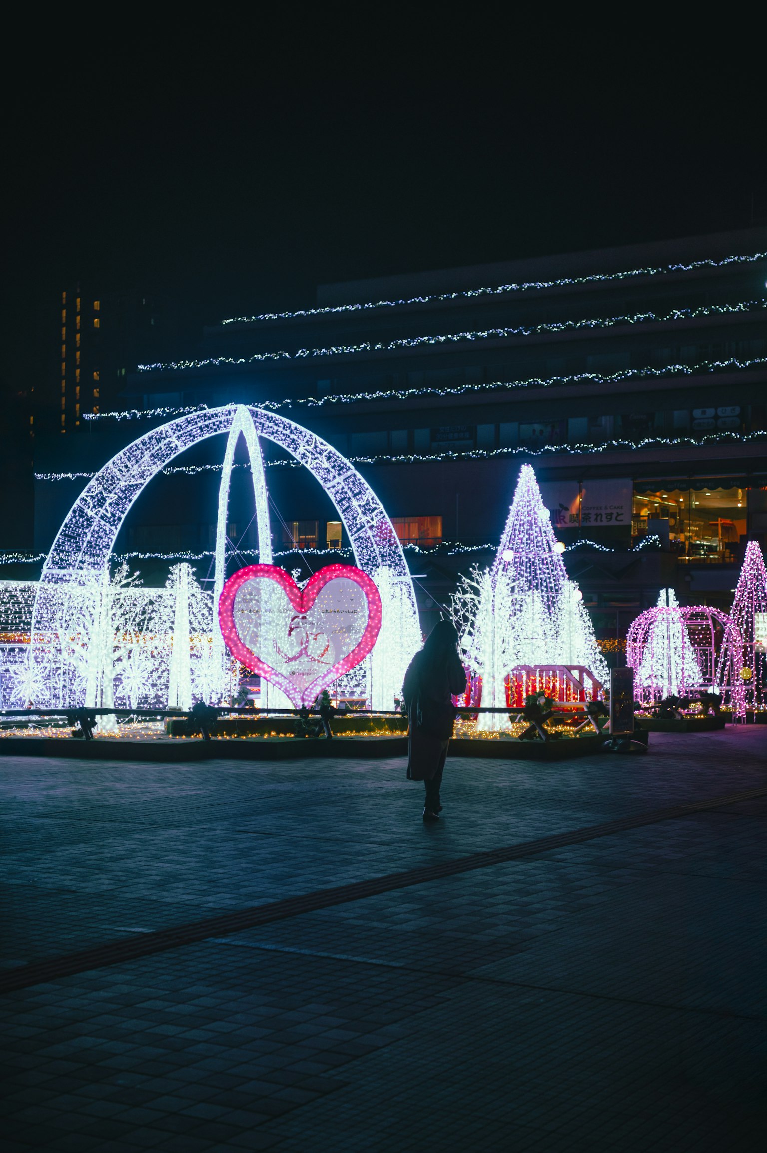 Scena notturna di un parco illuminato con luci scintillanti caratterizzato da un arco a forma di cuore