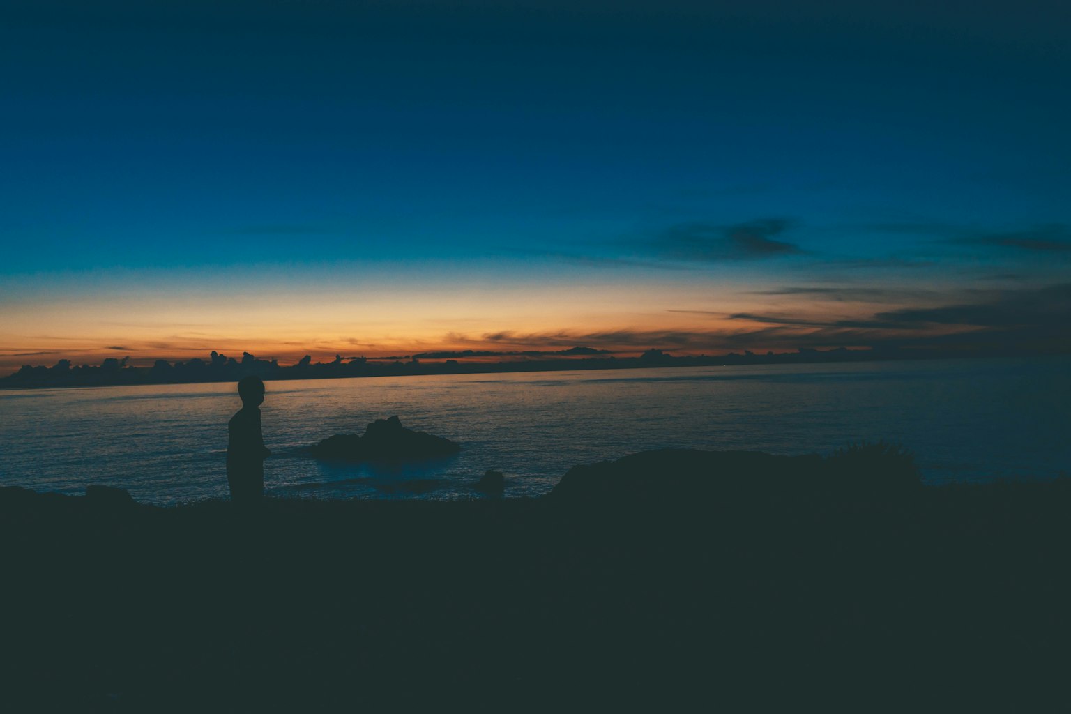 夕焼けの海とシルエットの人物が写った風景