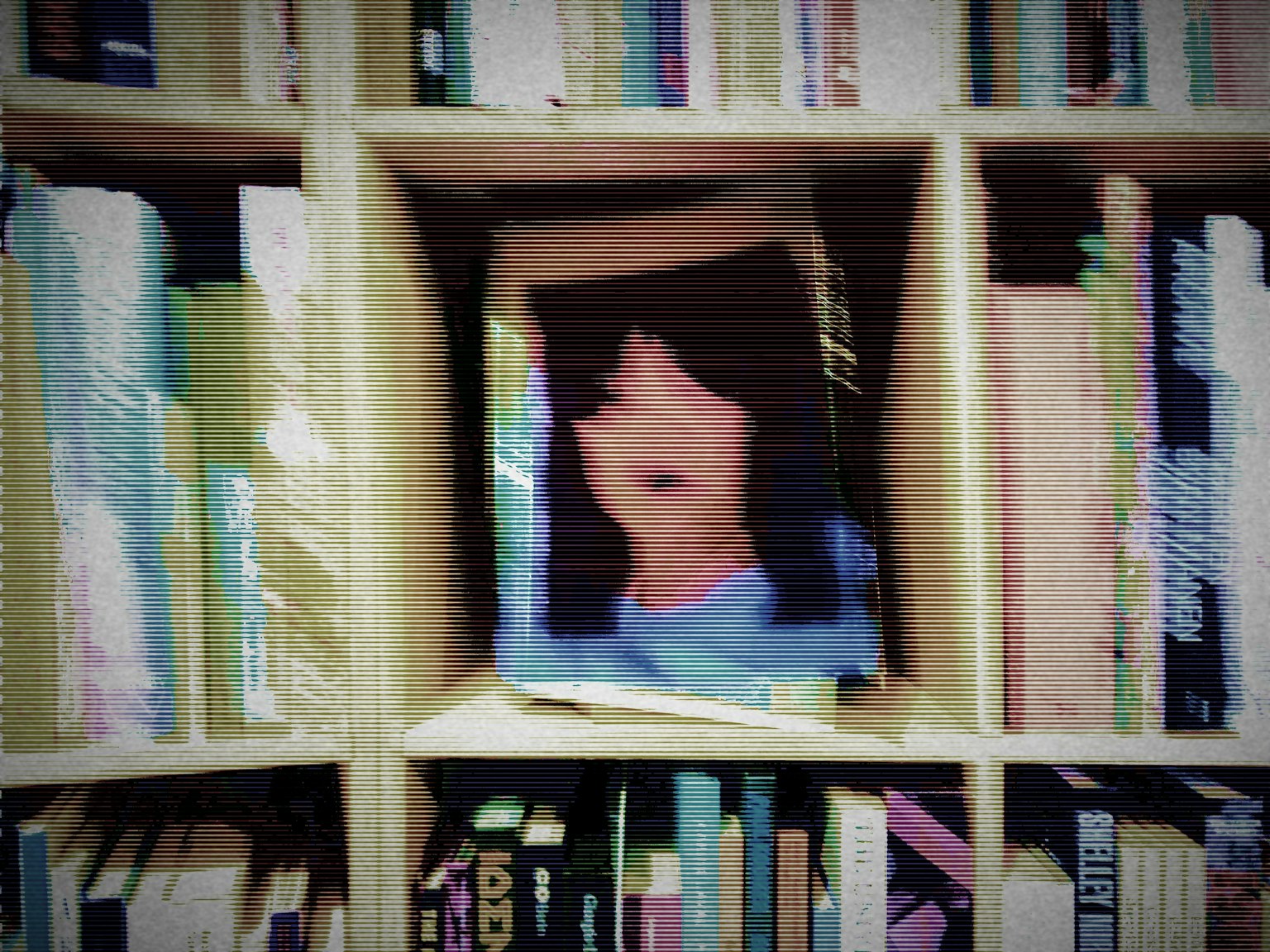 Abstract painting of a woman's face in a bookshelf
