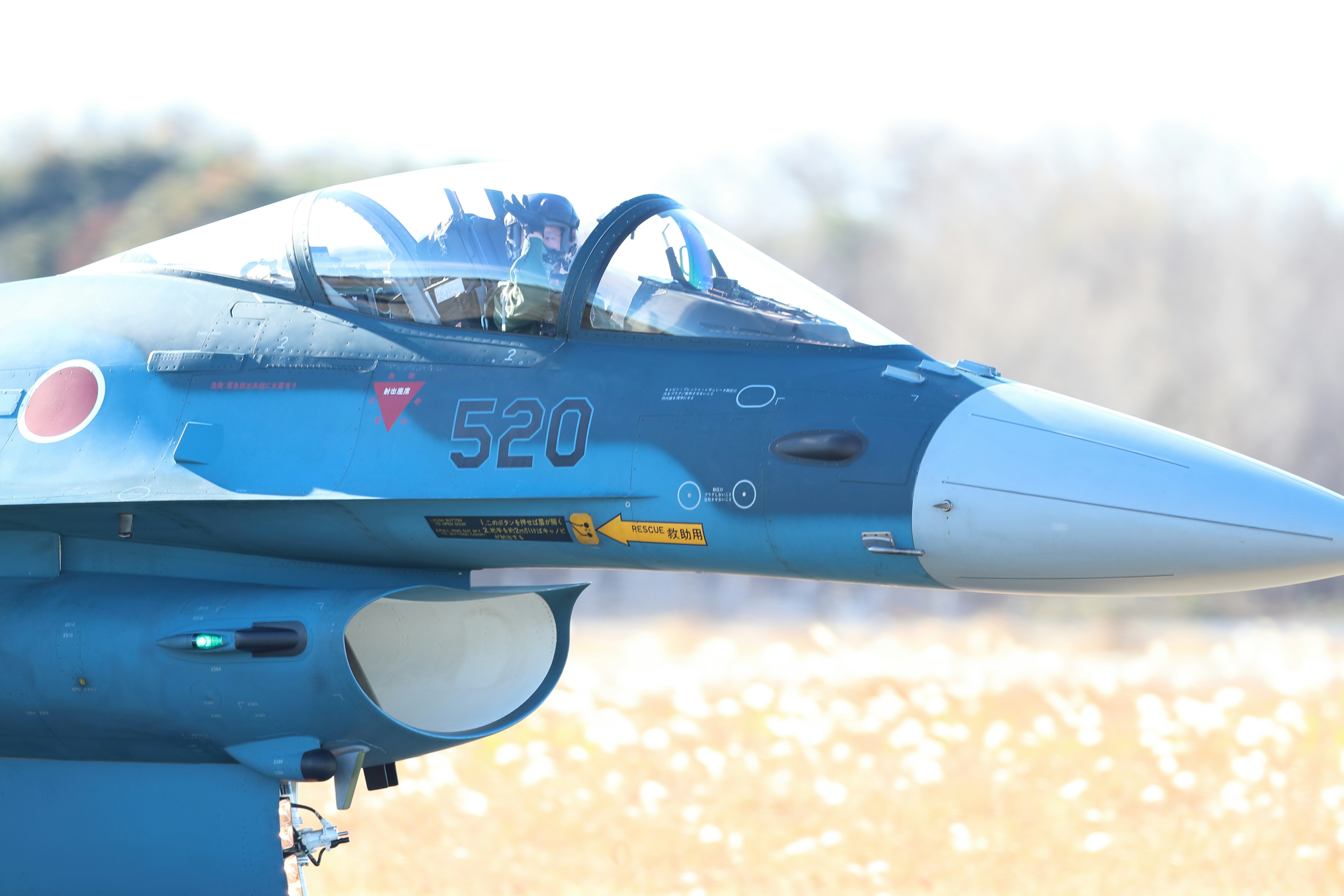 青い戦闘機の機首とコックピット周辺