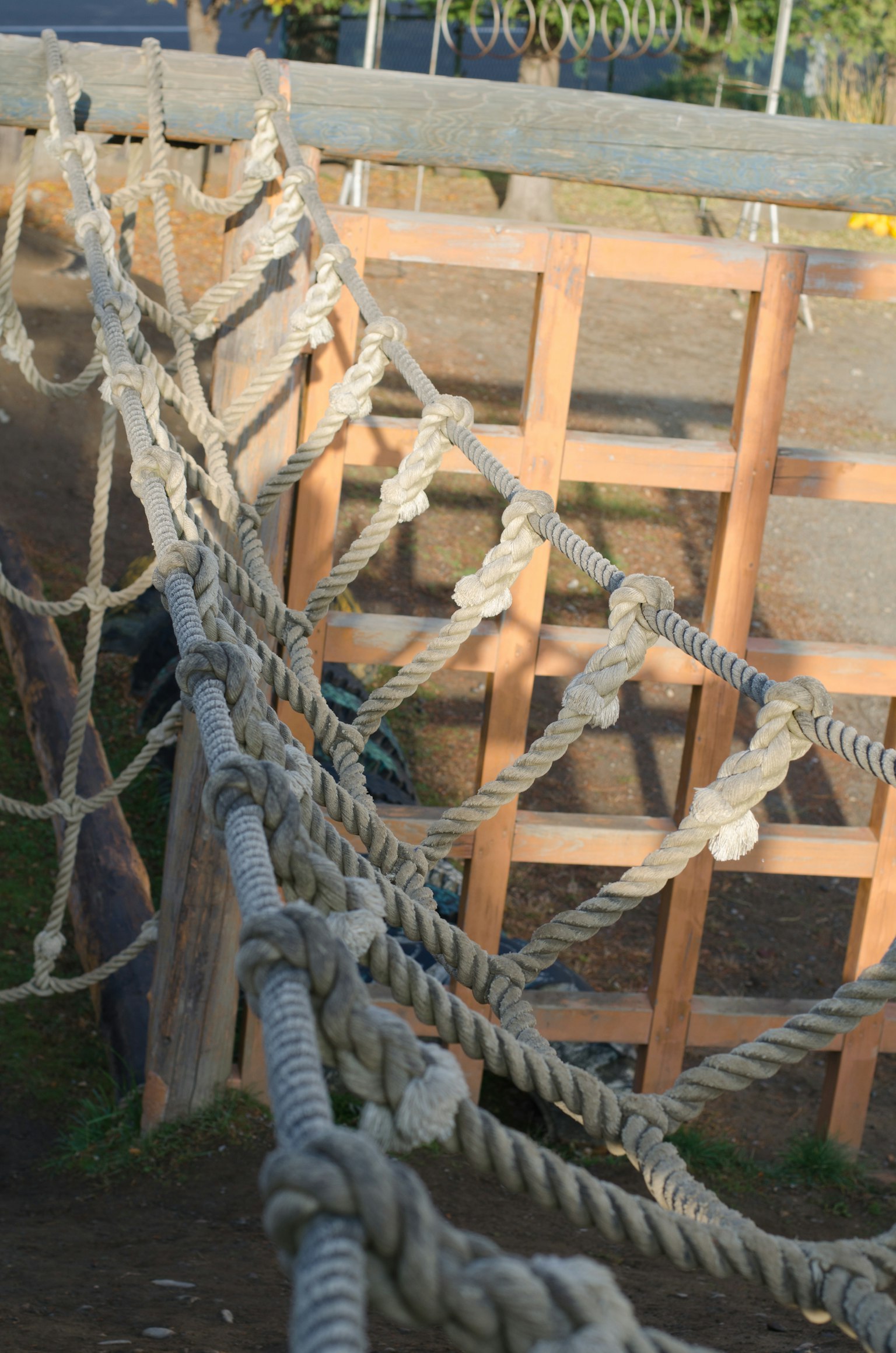 Bild einer Seilbrückenstruktur mit Knoten und Holzstütze