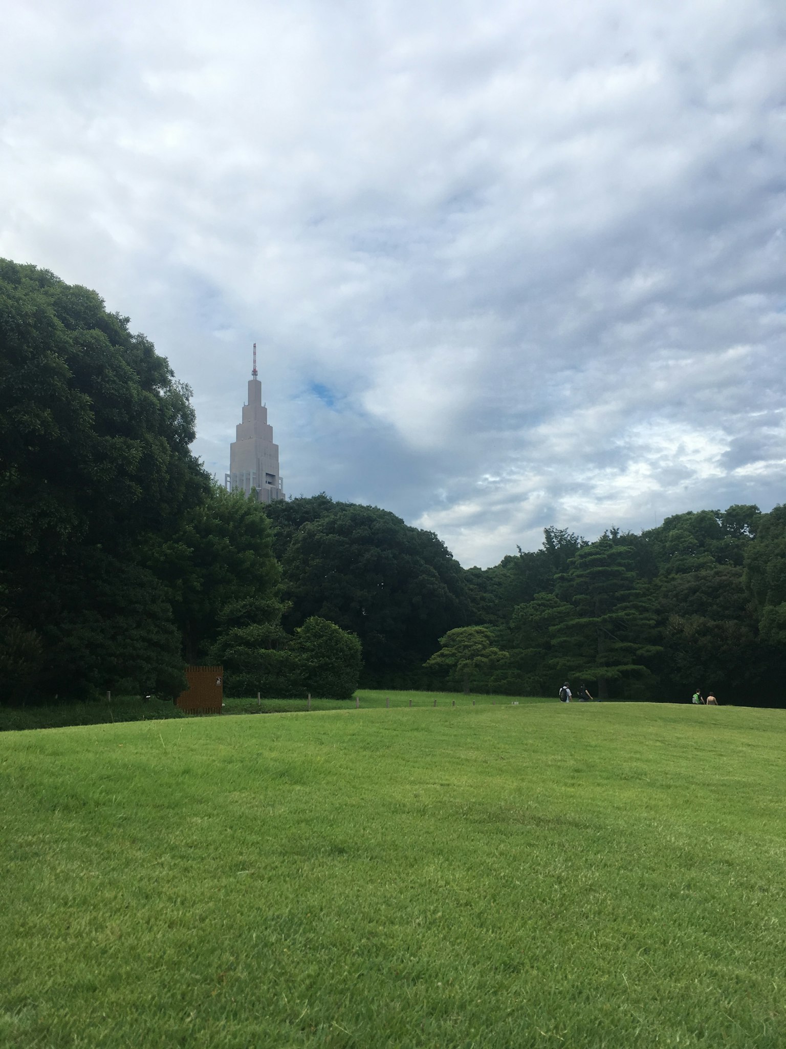 一幅郁郁葱葱的草地和大树的景象，背景中有一座高耸的建筑尖顶