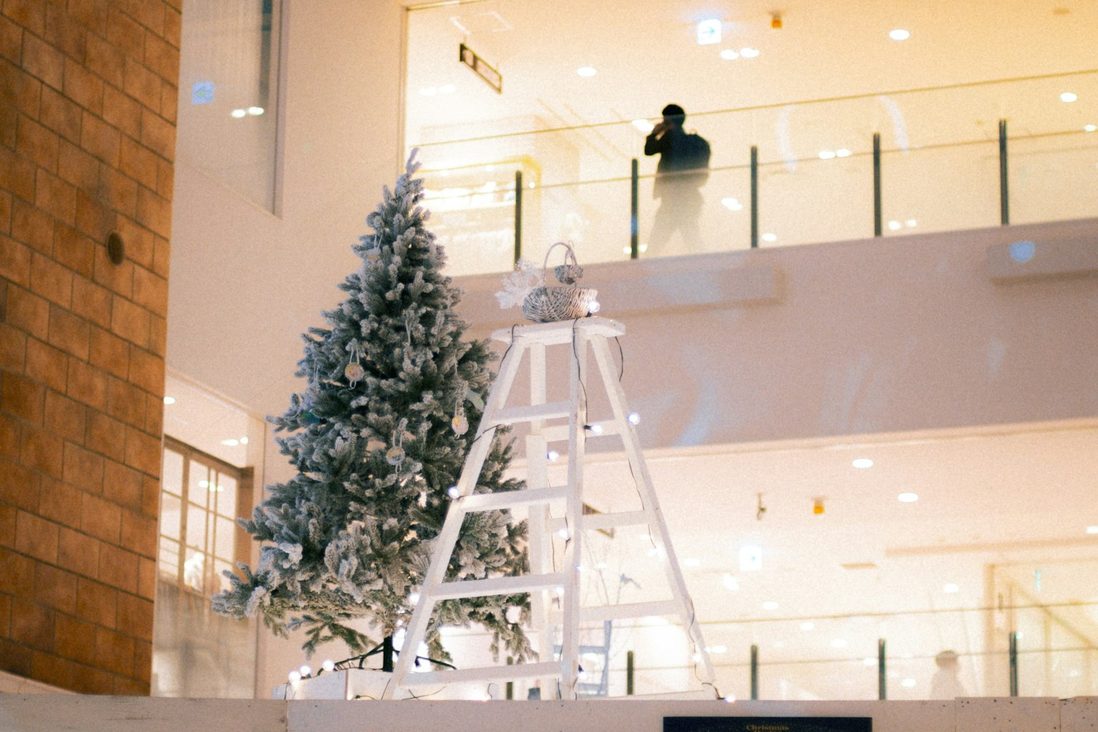 白い階段の上に立つクリスマスツリーと作業者