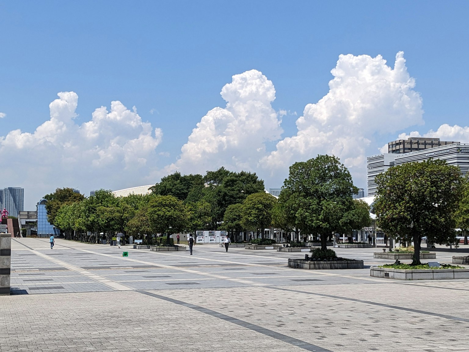 寬闊的公園景觀藍天和白雲綠色樹木和鋪砌的人行道