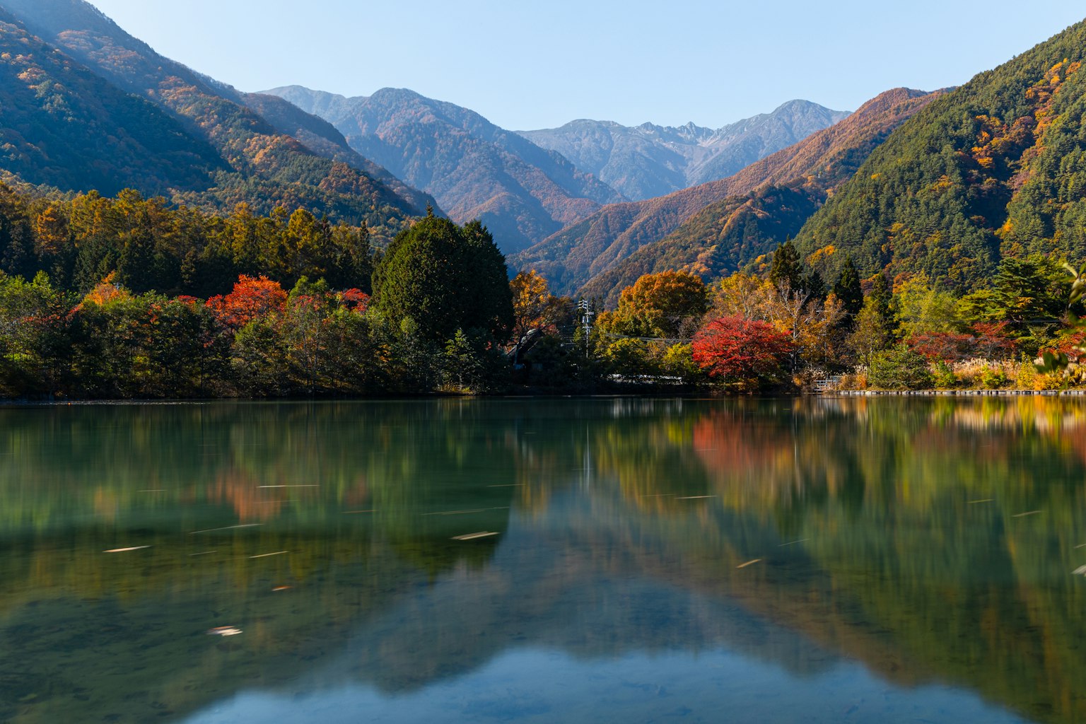 Serene lake reflecting beautiful mountains and autumn foliage