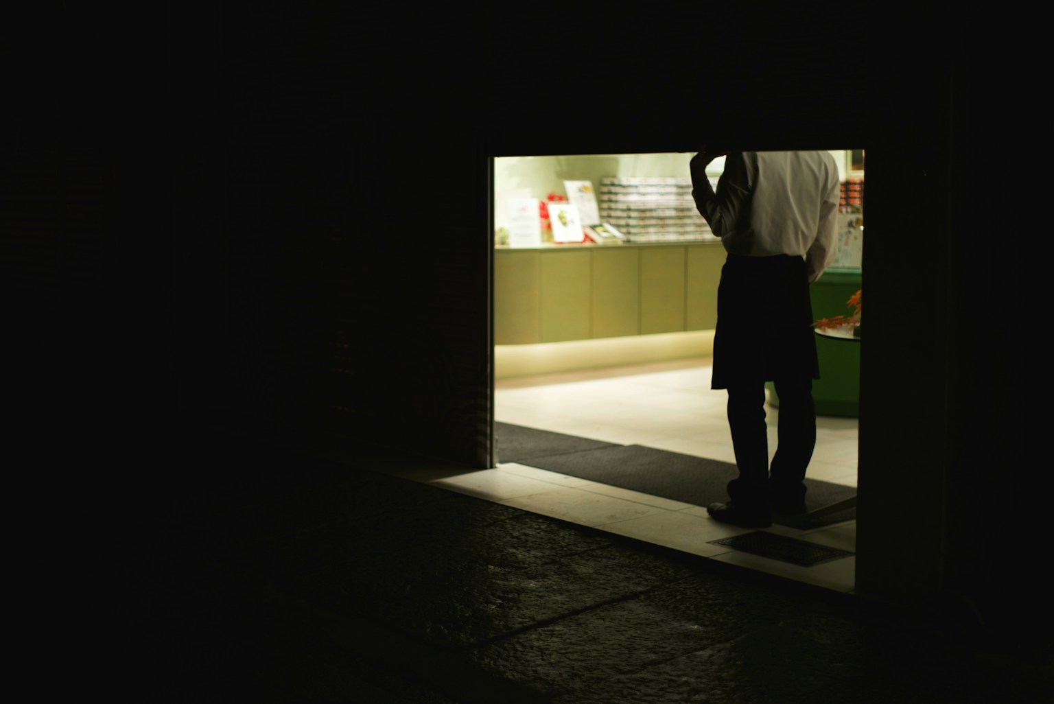 Silhouette d'une personne se tenant dans une porte sombre avec un intérieur de magasin lumineux
