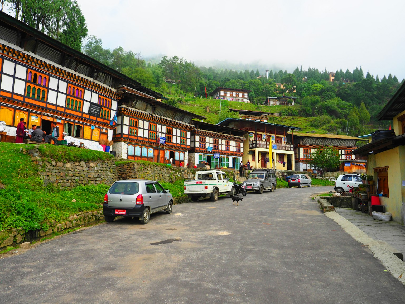 Rue calme bordée de maisons traditionnelles bhoutanaises entourées de verdure luxuriante