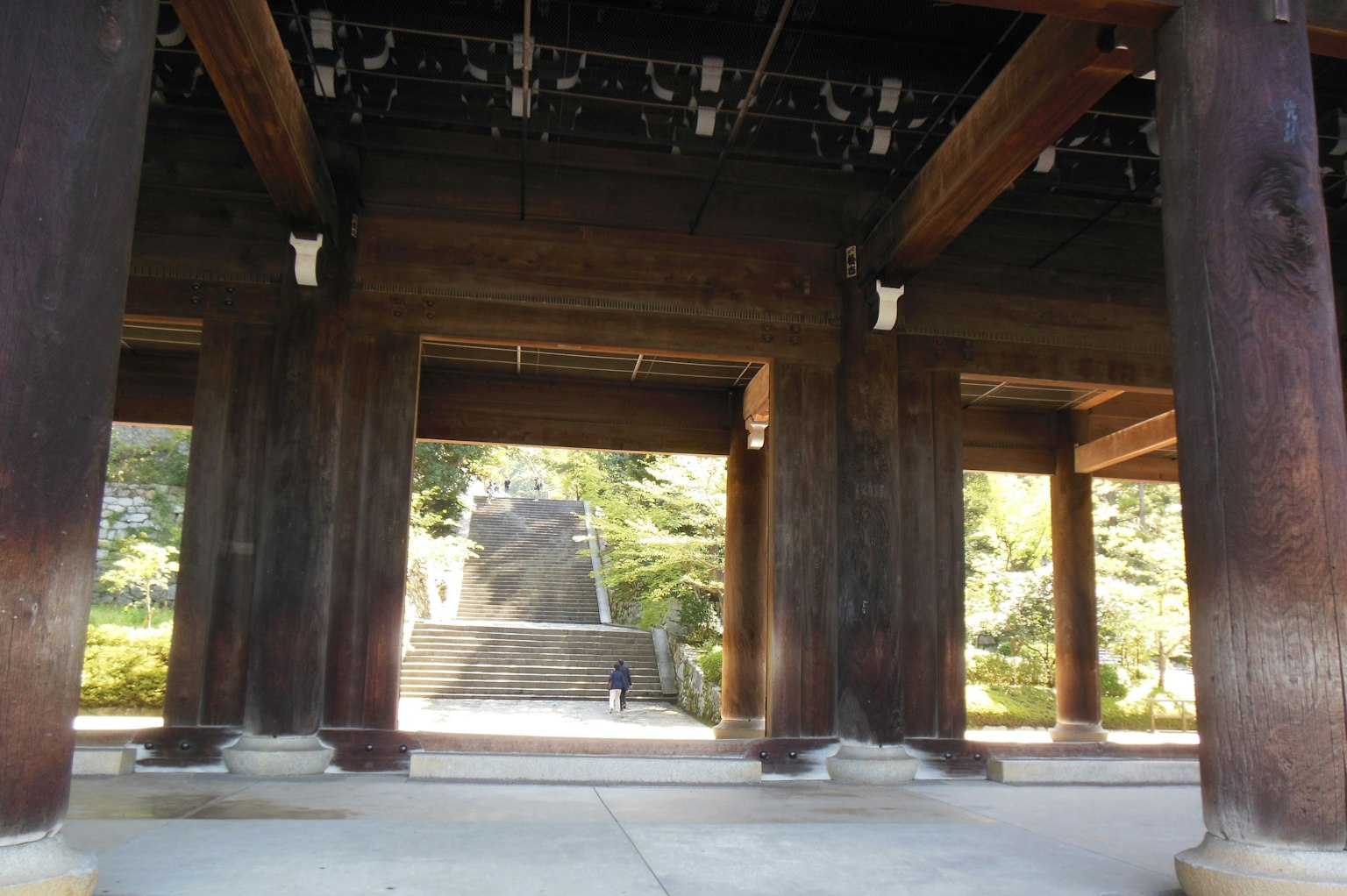 建築內部視圖，帶有大型木柱，背景中可見瀑布