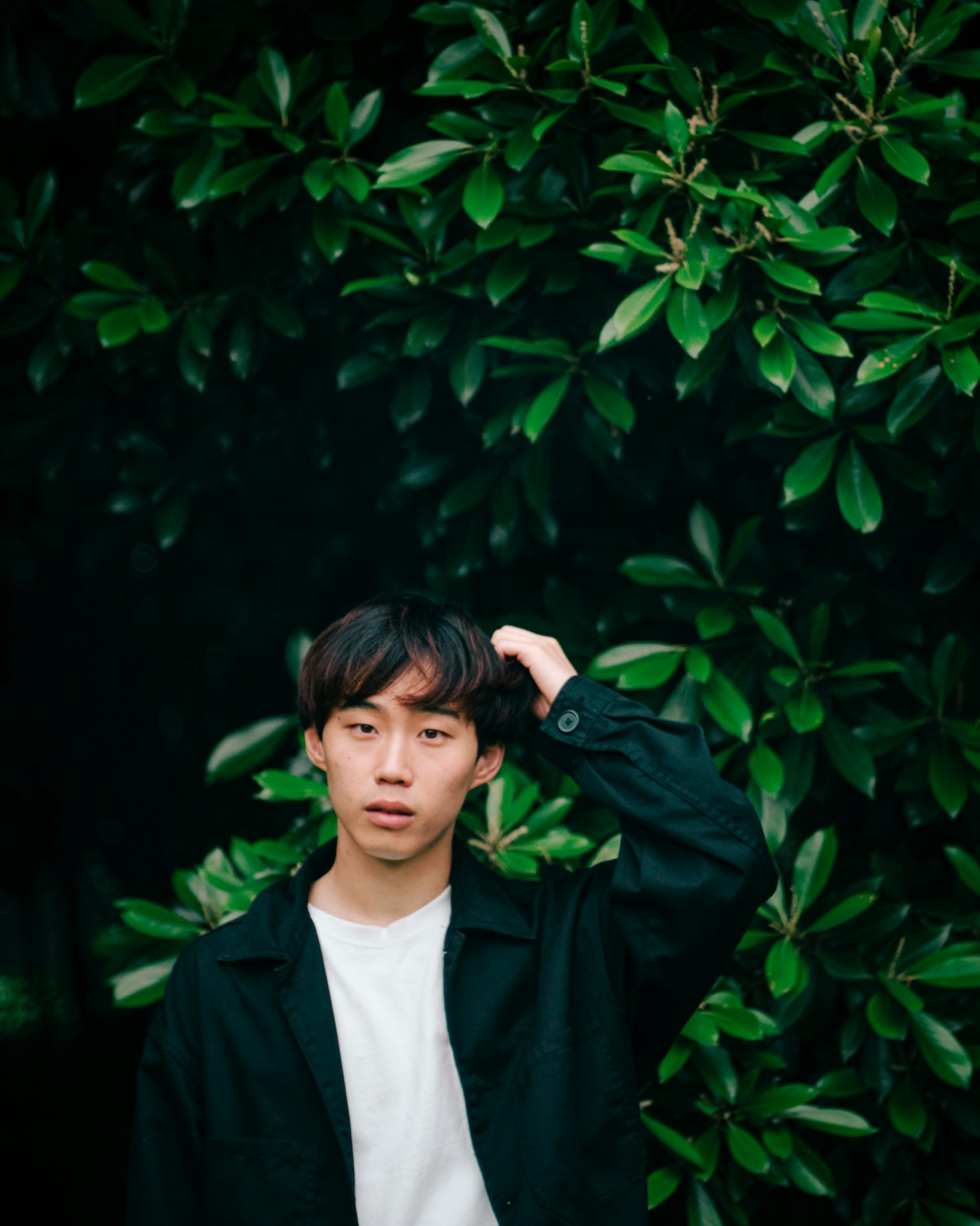 年輕男子站在綠色葉子前的肖像