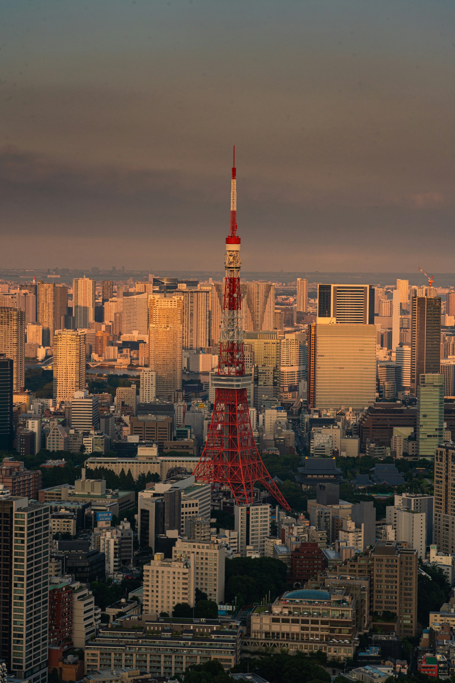 東京塔在日落時矗立於城市景觀中