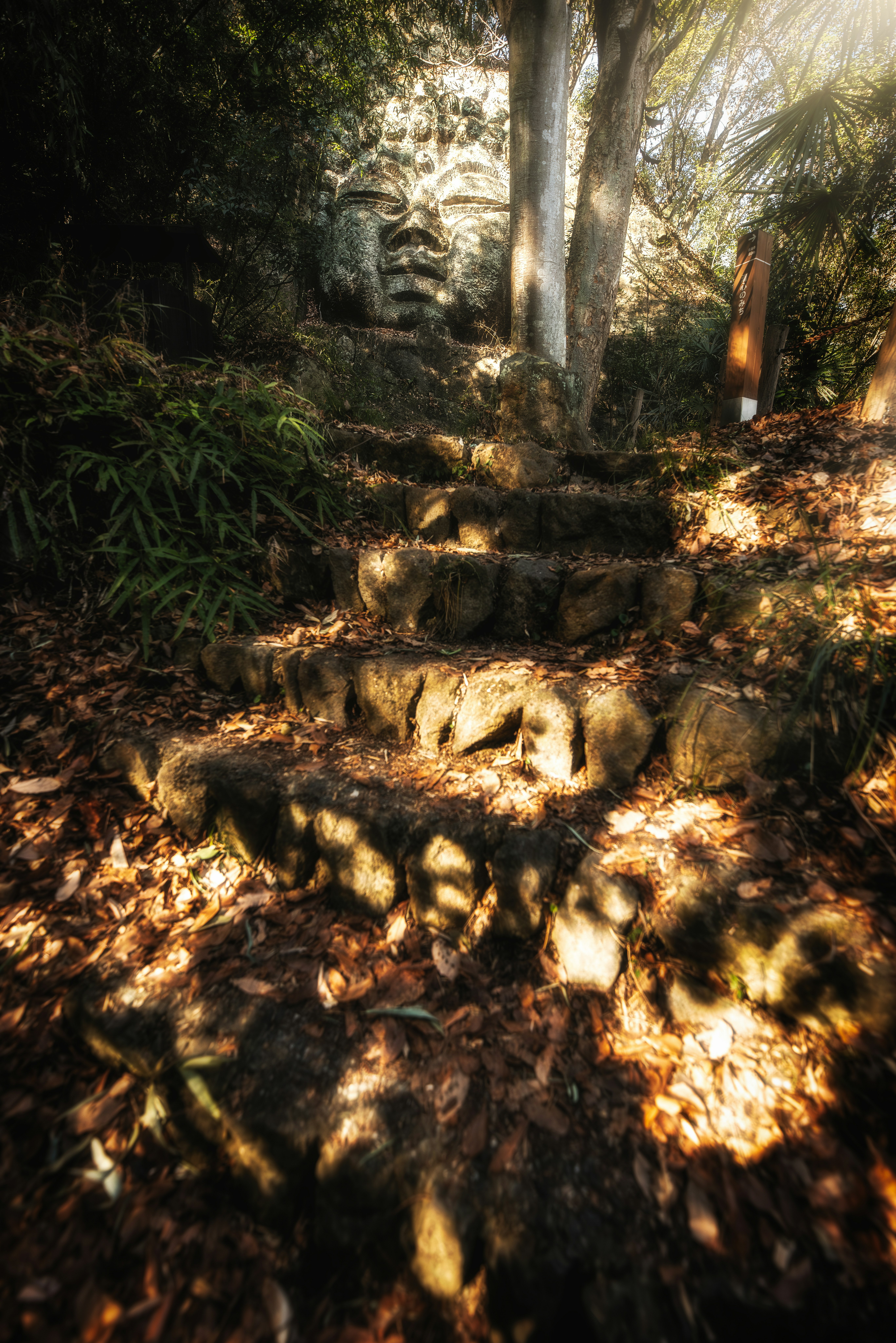 Sunlit forest stone statue with mossy pedestal