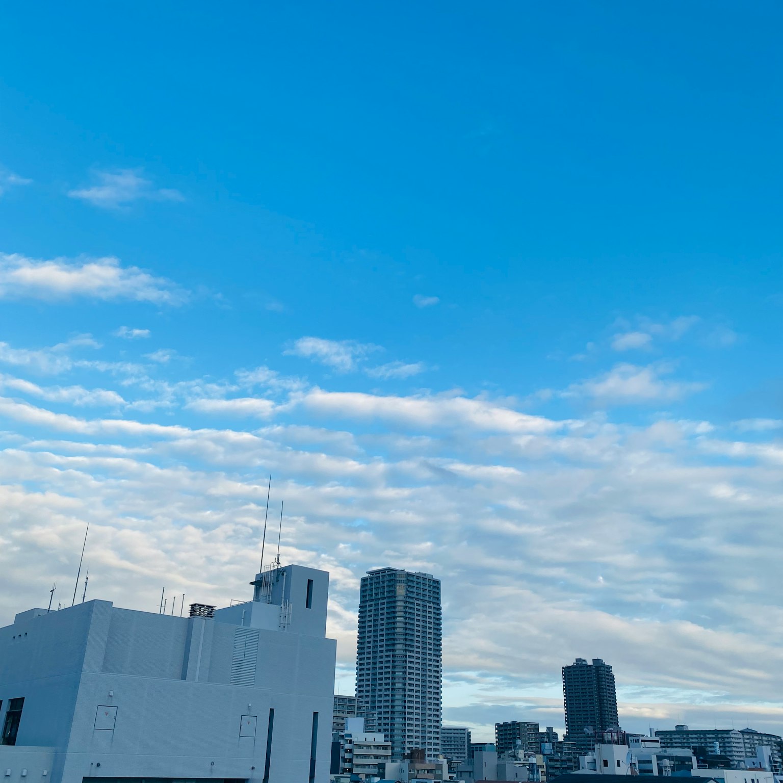 Paesaggio urbano con cielo blu e nuvole che presenta grattacieli