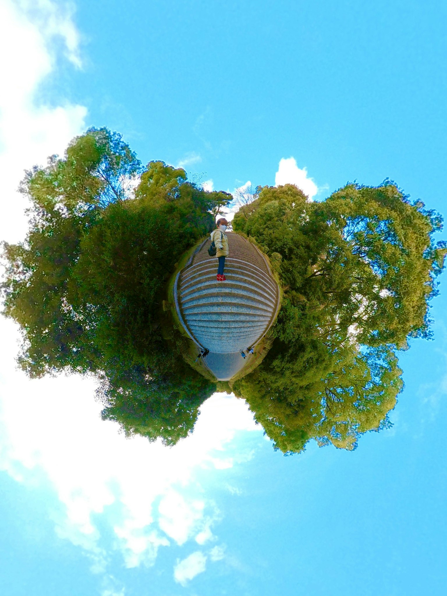 Một bức tranh panorama hình cầu với những cây xanh tươi tốt và con đường tròn dưới bầu trời xanh