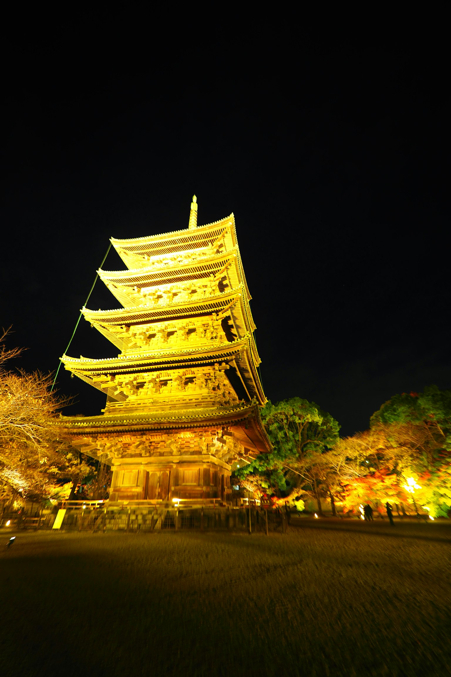 Vue magnifique d'une pagode illuminée la nuit