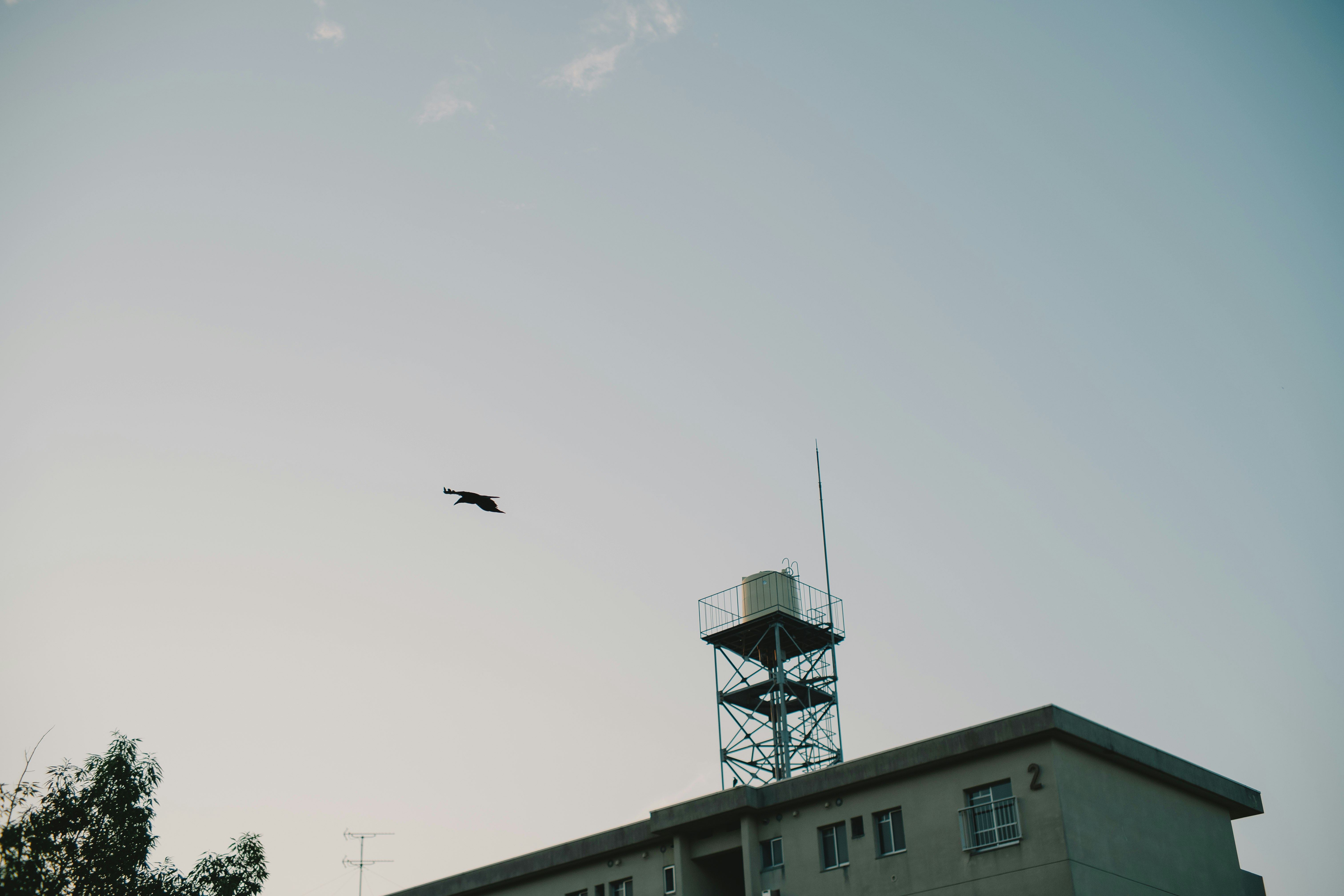 small airplane flying in the sky above an industrial rooftop