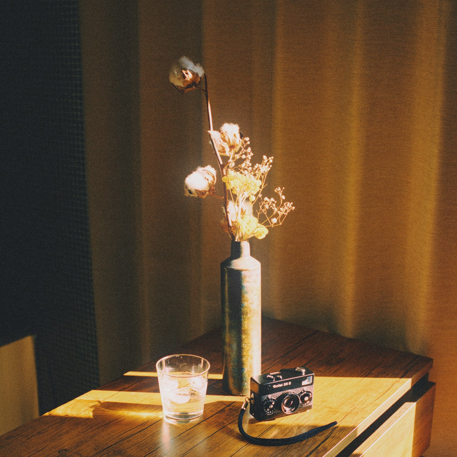 Una escena serena con un jarrón de flores secas y una cámara vintage sobre una mesa de madera