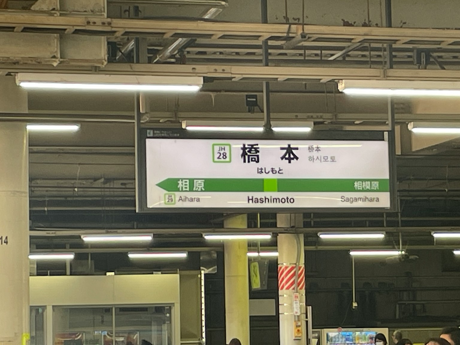 Papan petunjuk Stasiun Hashimoto dengan penumpang