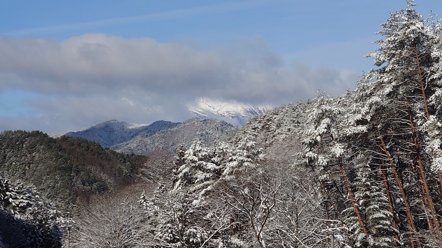 Paesaggio di montagne e alberi coperti di neve con cielo blu e nuvole