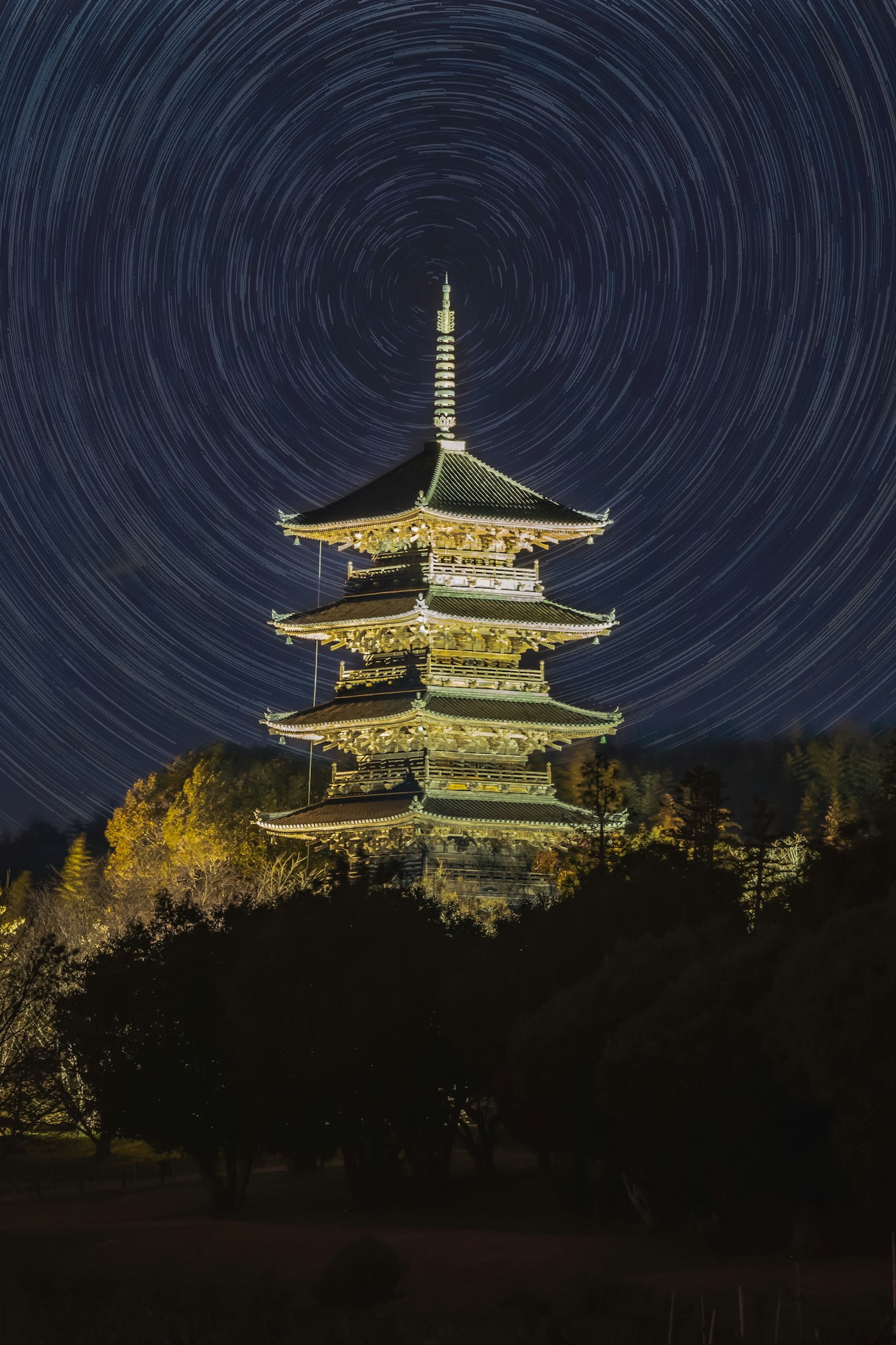 Image d'une pagode sous un ciel étoilé avec des traînées d'étoiles visibles